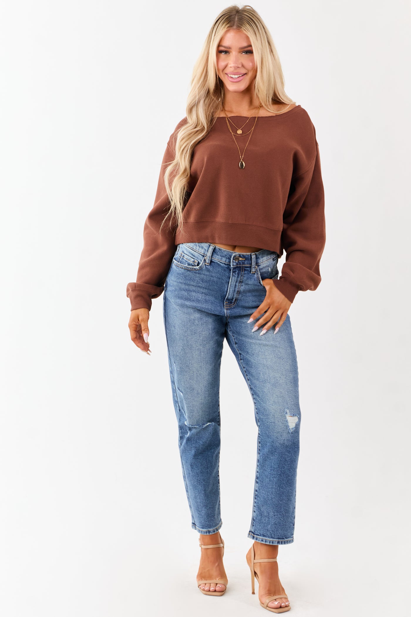 Sepia Raw Boat Neck Boxy Pullover Sweatshirt