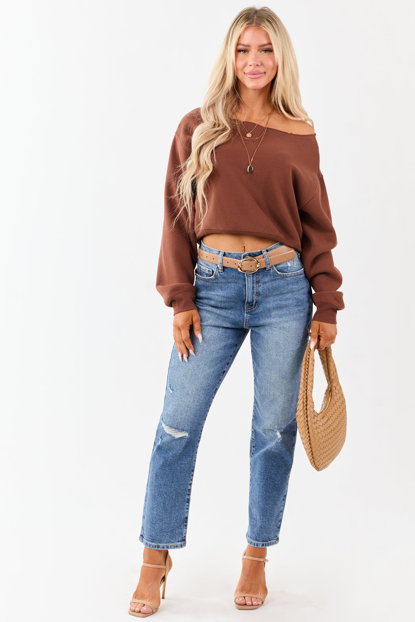 Sepia Raw Boat Neck Boxy Pullover Sweatshirt