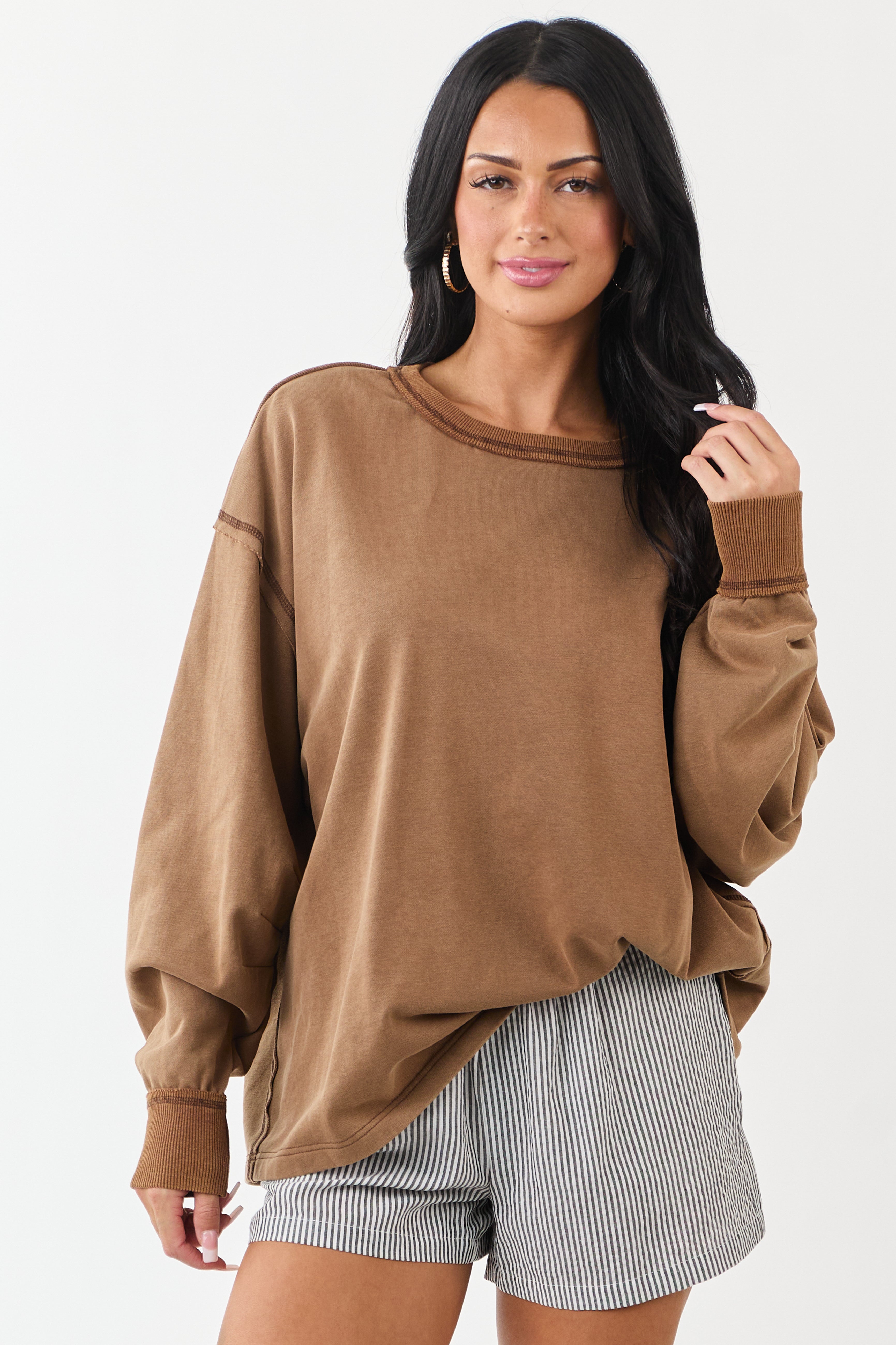 Entro Chocolate V-Neck Long Sleeve Pleated Top | Lime Lush Boutique