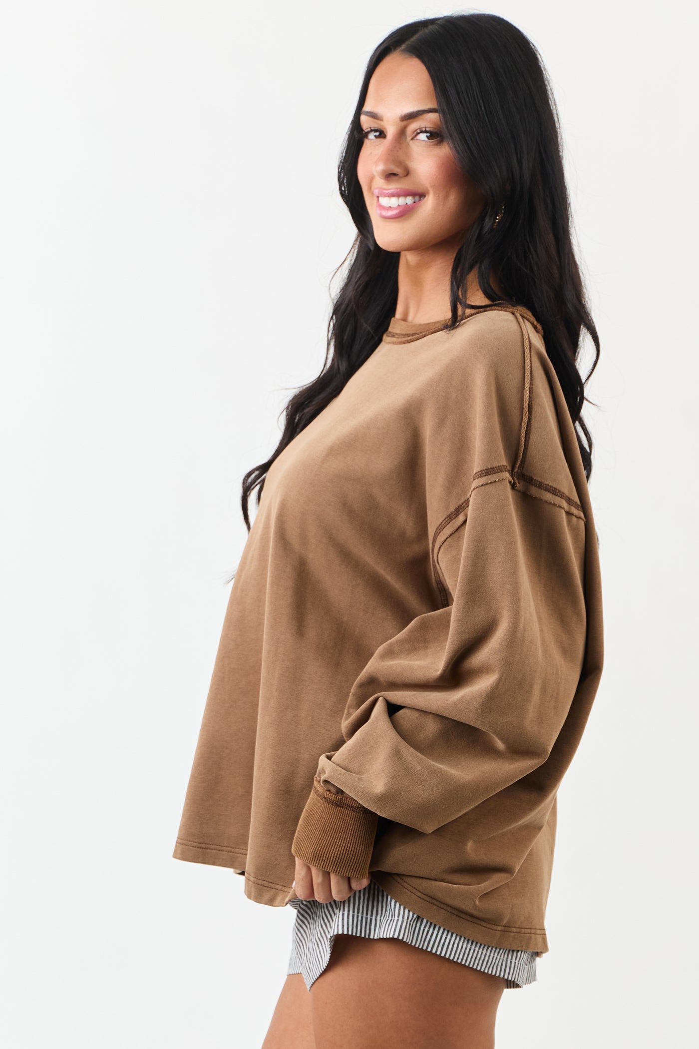 Sepia Relaxed Long Raglan Sleeve Crew Neck Top