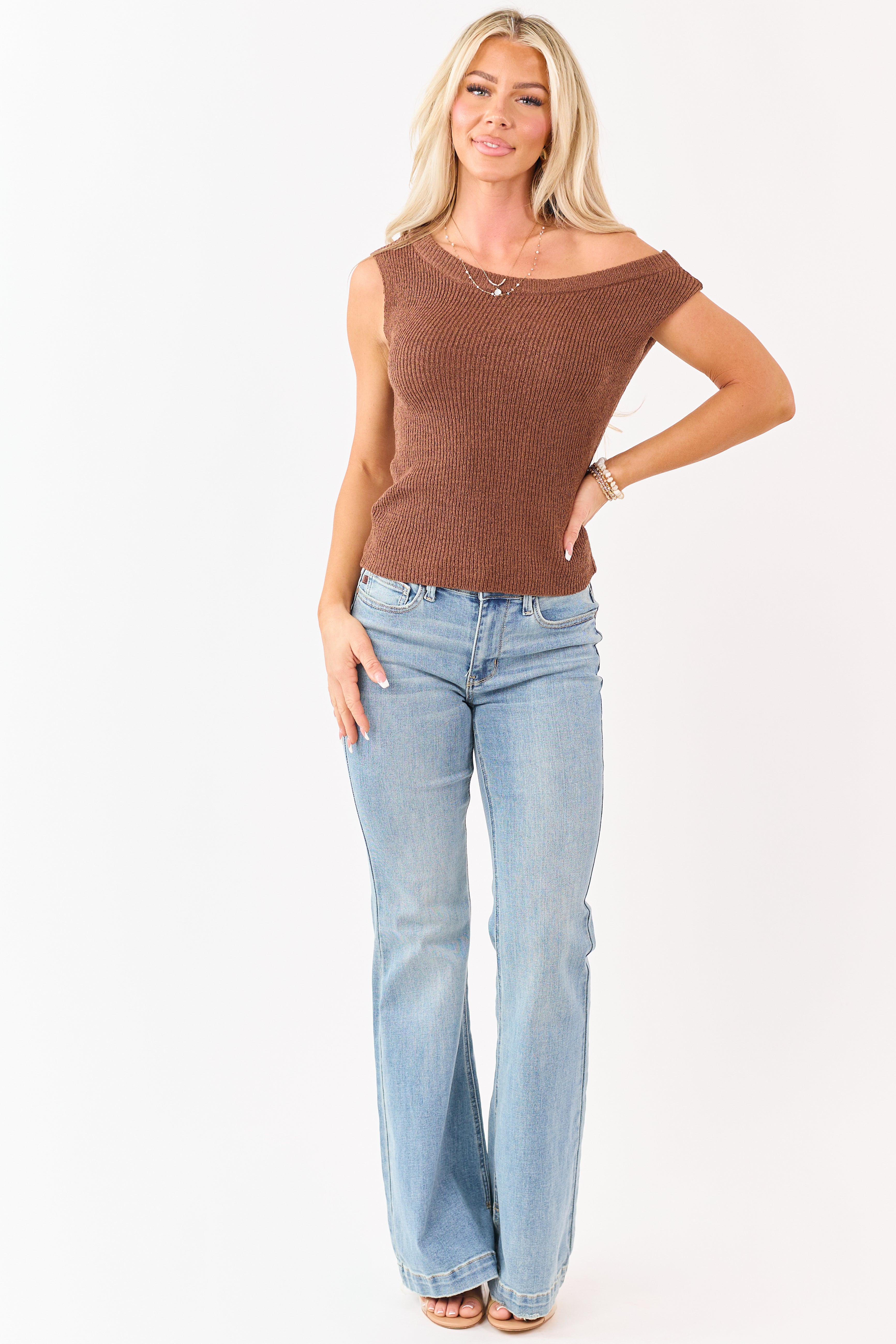 Sepia Rib Knit One Shoulder Sweater Tank Top