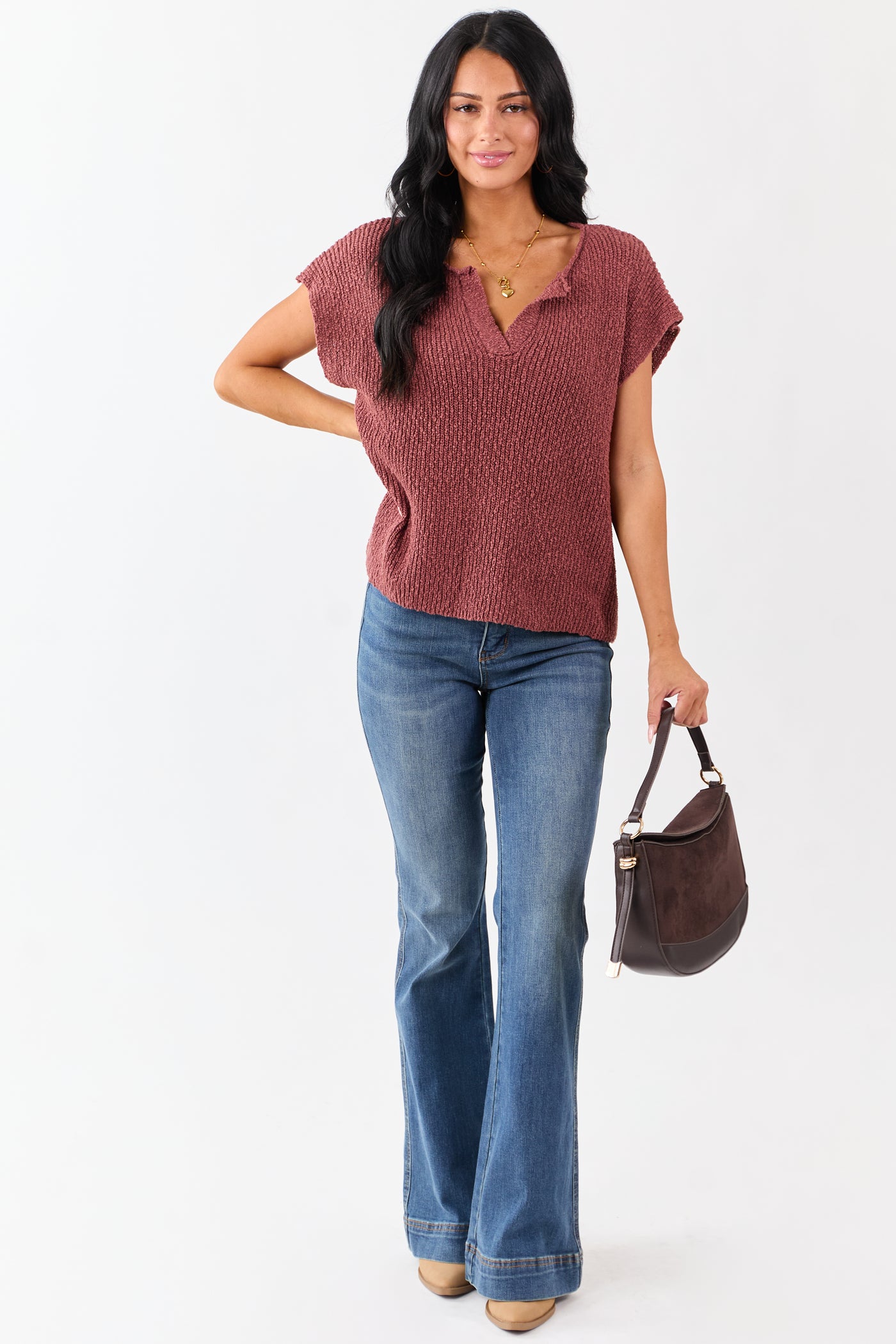 Sepia Slub Knit Short Sleeve Cotton Sweater Top
