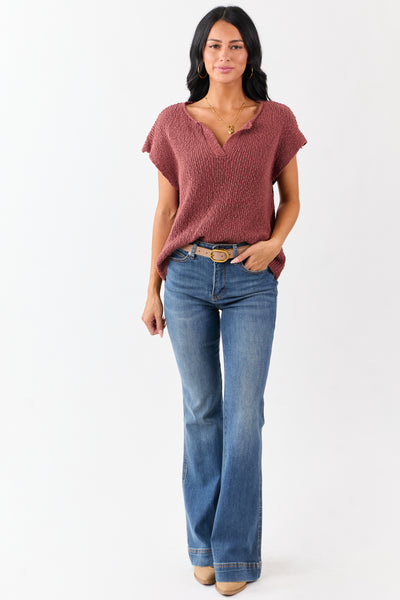 Sepia Slub Knit Short Sleeve Cotton Sweater Top