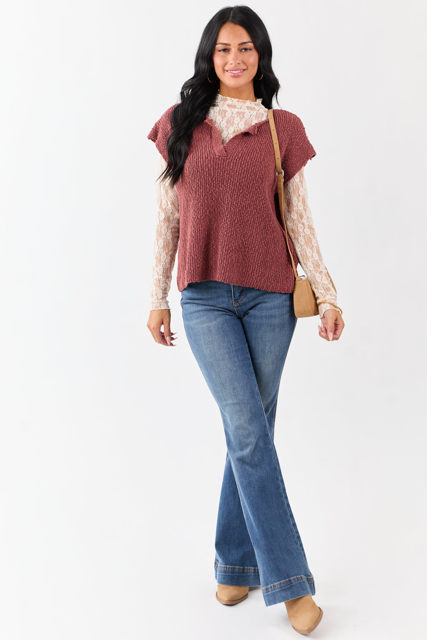 Sepia Slub Knit Short Sleeve Cotton Sweater Top