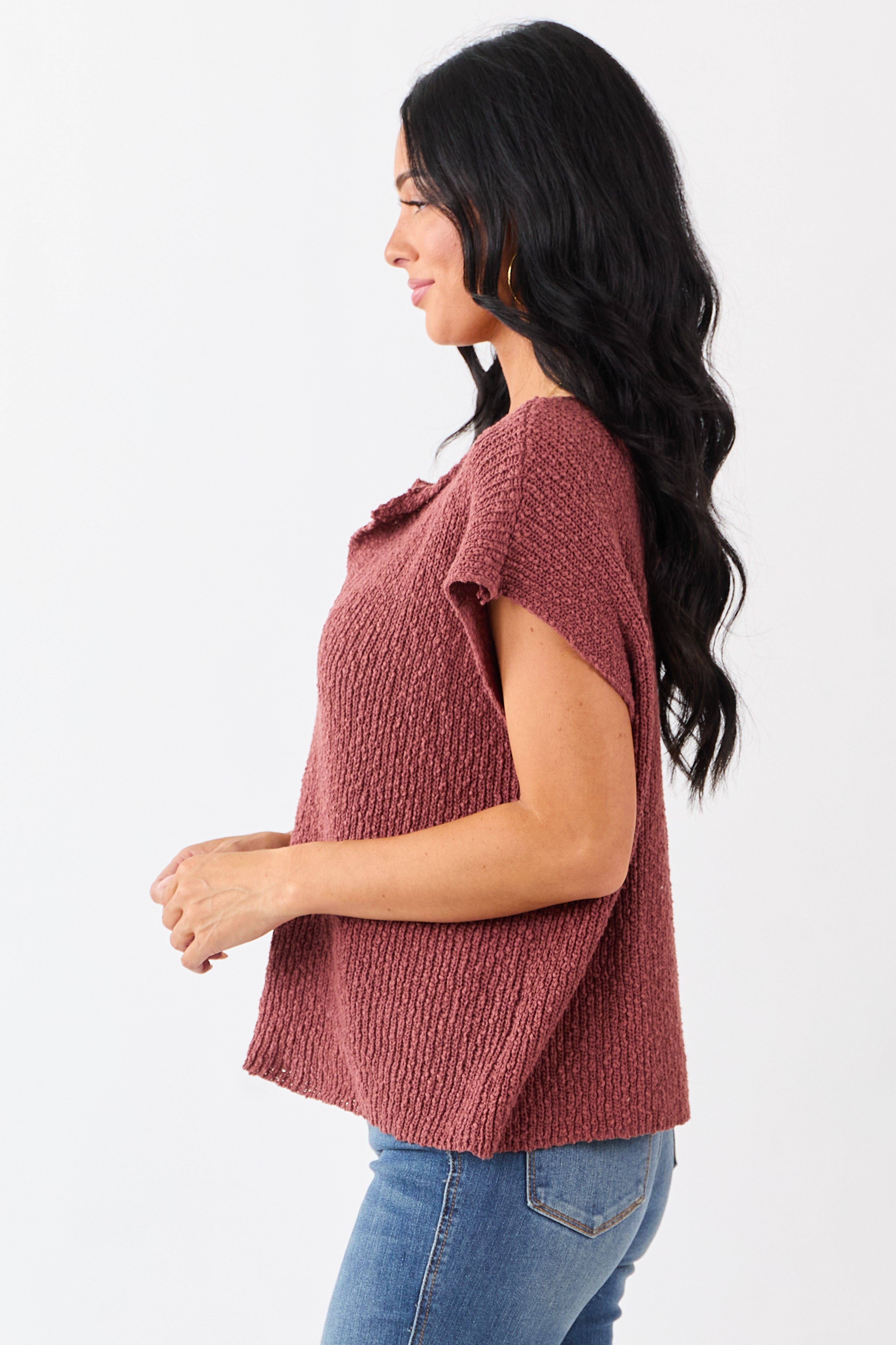 Sepia Slub Knit Short Sleeve Cotton Sweater Top