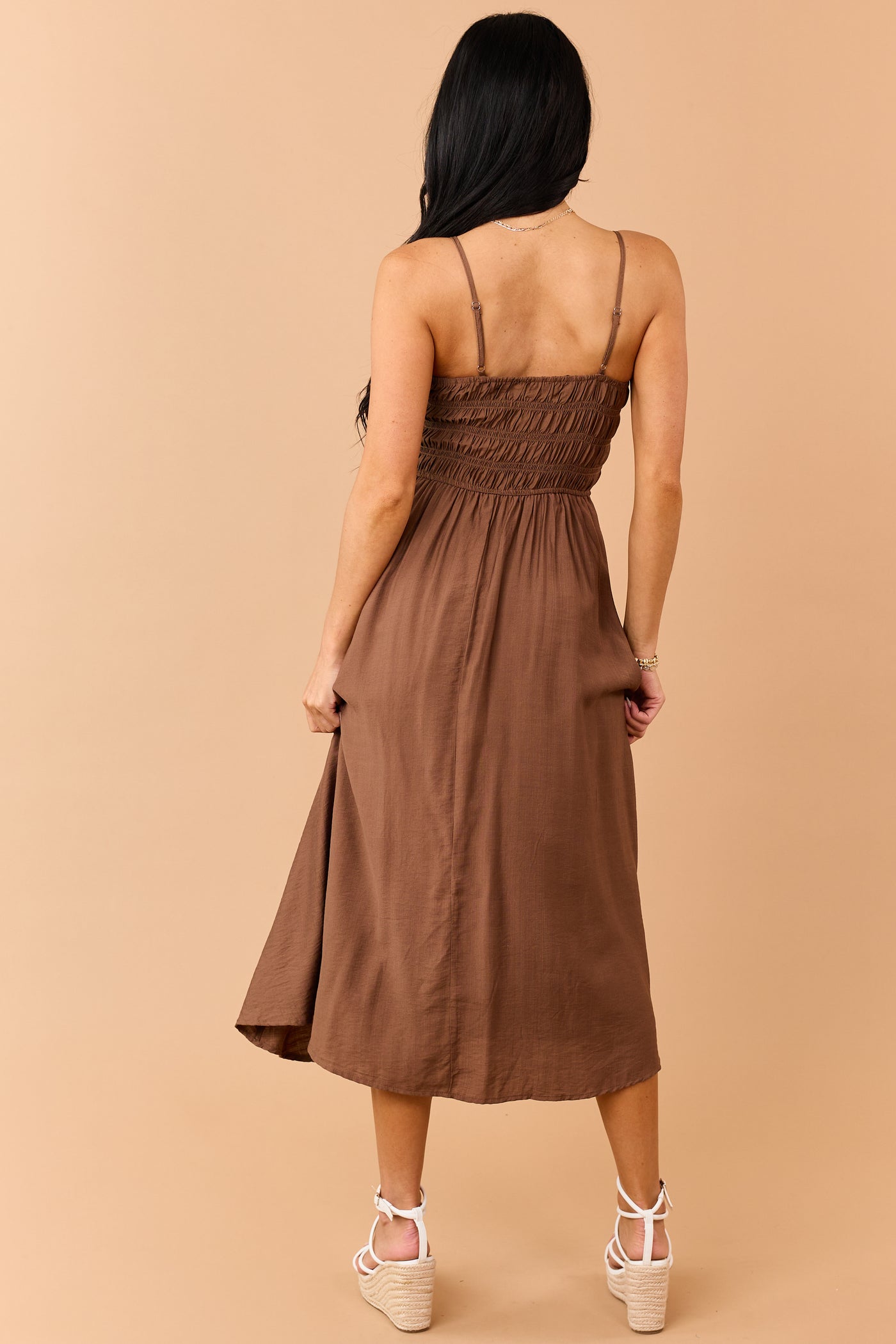 Sepia Smocked Bodice Sleeveless Midi Dress
