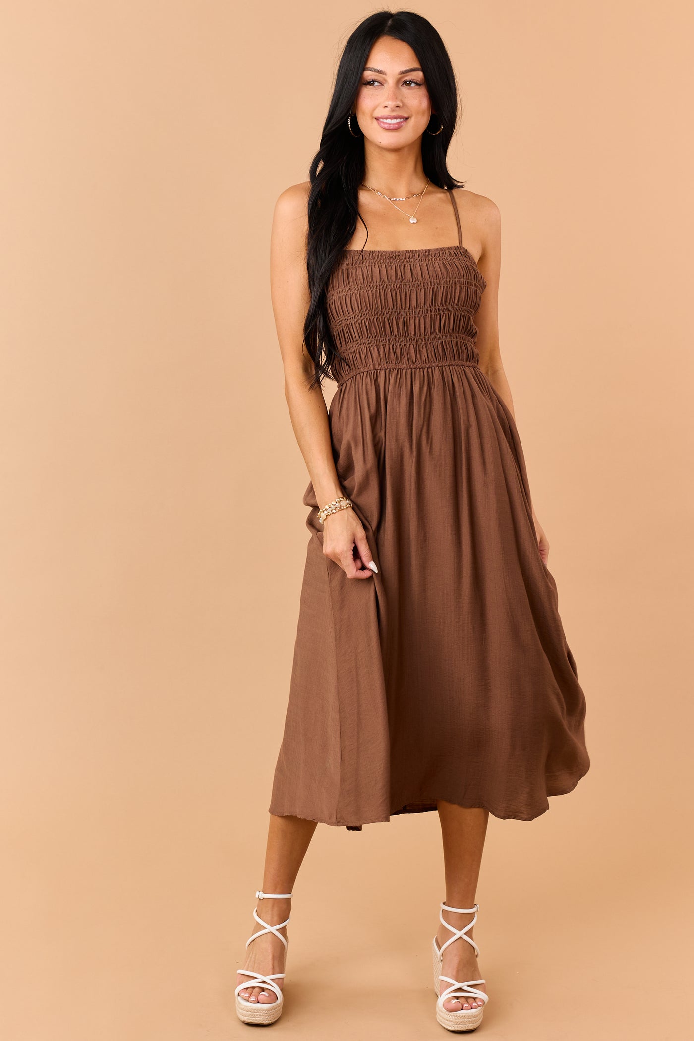 Sepia Smocked Bodice Sleeveless Midi Dress