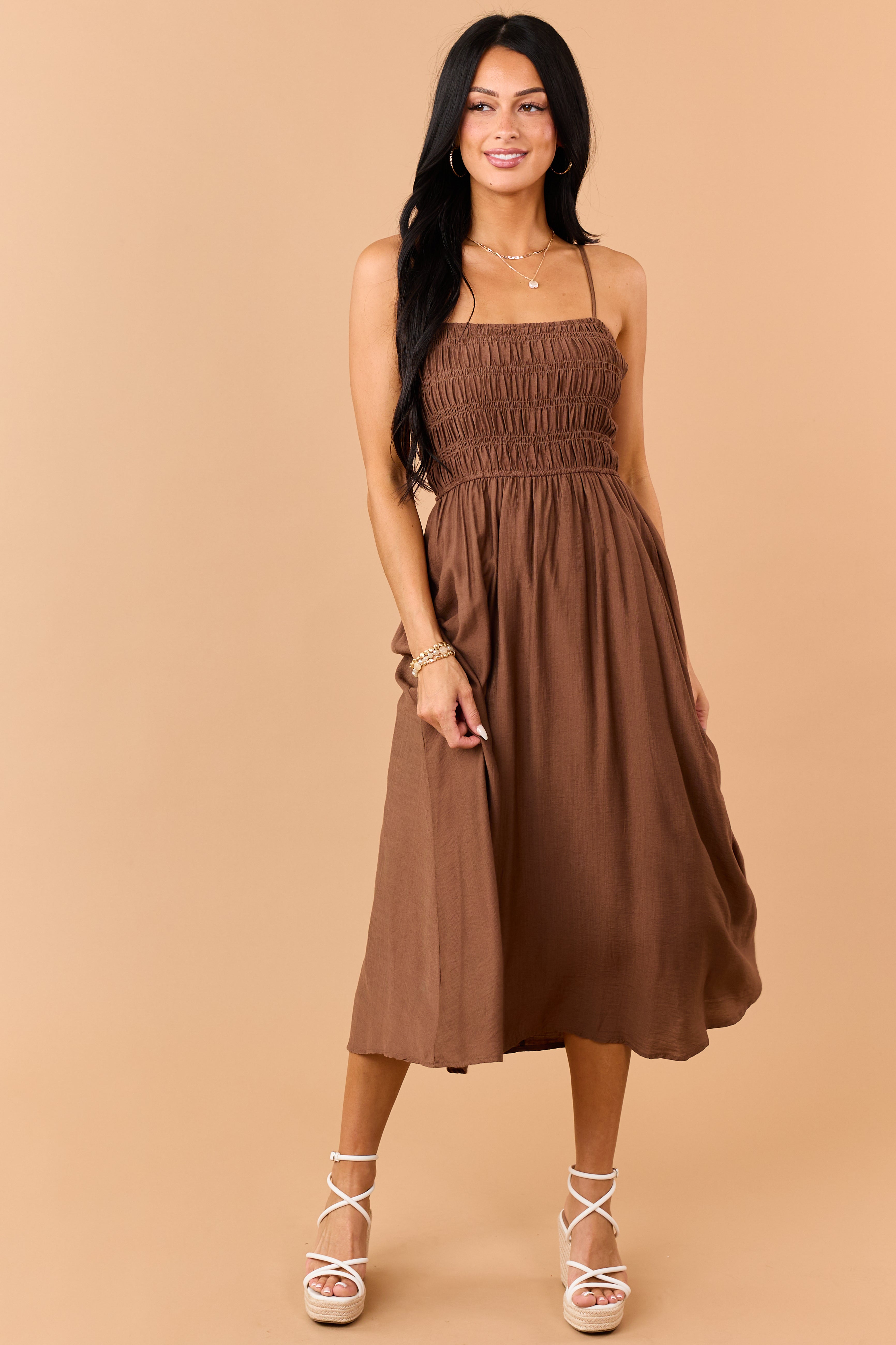 Sepia Smocked Bodice Sleeveless Midi Dress