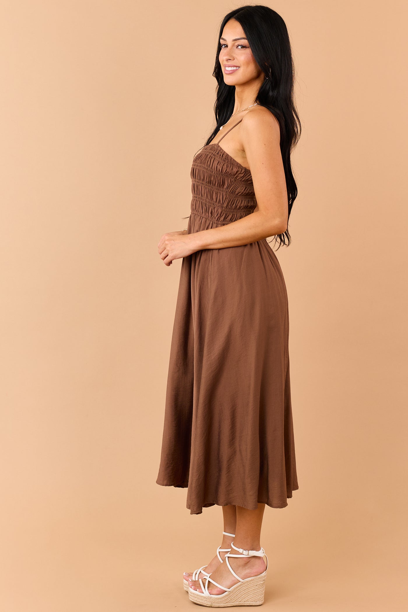 Sepia Smocked Bodice Sleeveless Midi Dress