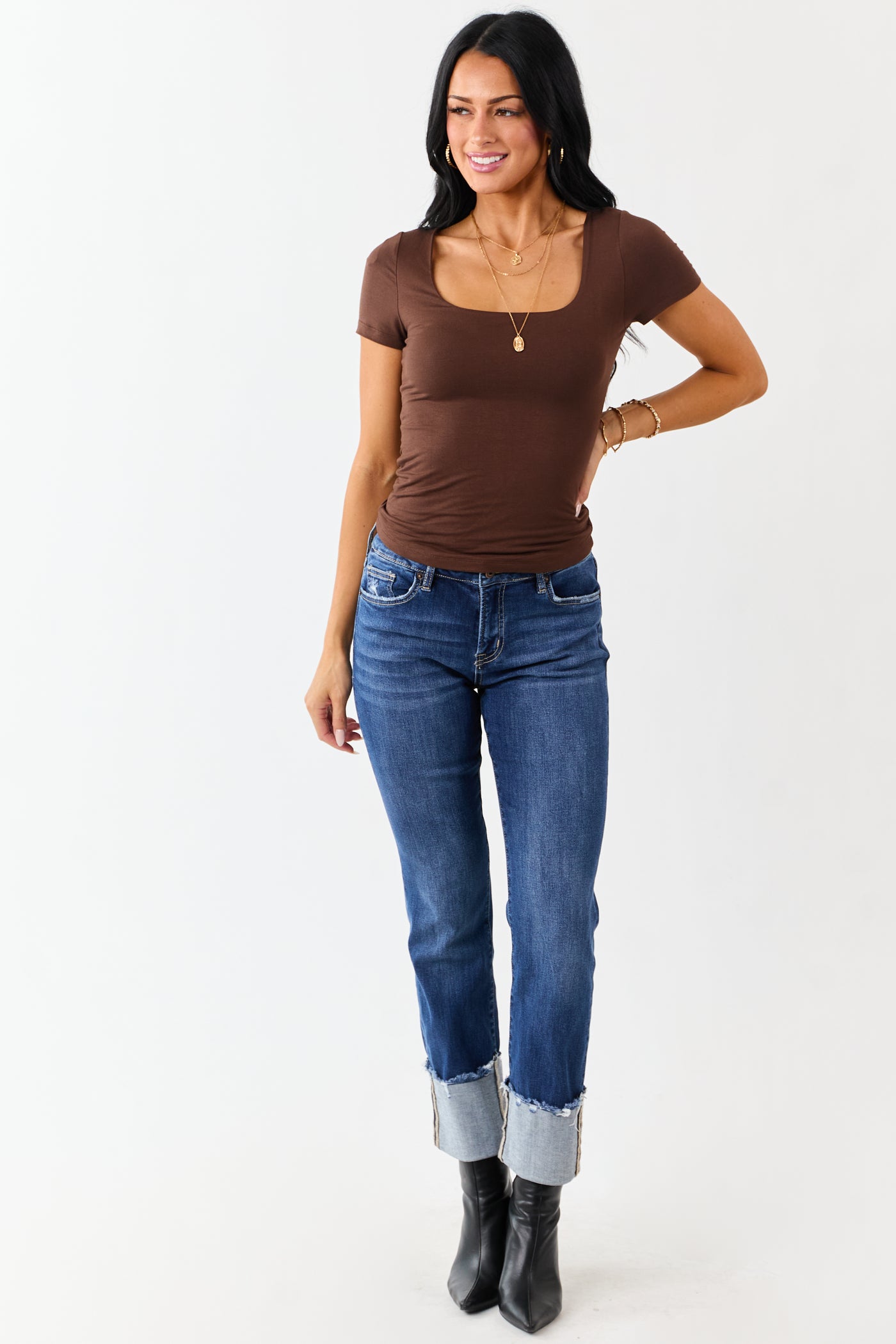 Sepia Soft Knit Double Layer Short Sleeve Fitted Top