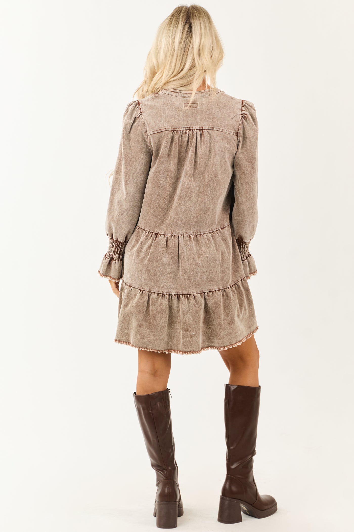 Sepia Stone Wash Corduroy Long Sleeve Mini Dress