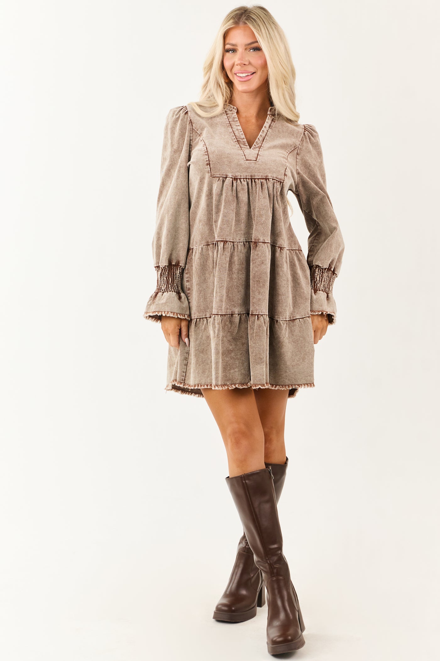 Sepia Stone Wash Corduroy Long Sleeve Mini Dress