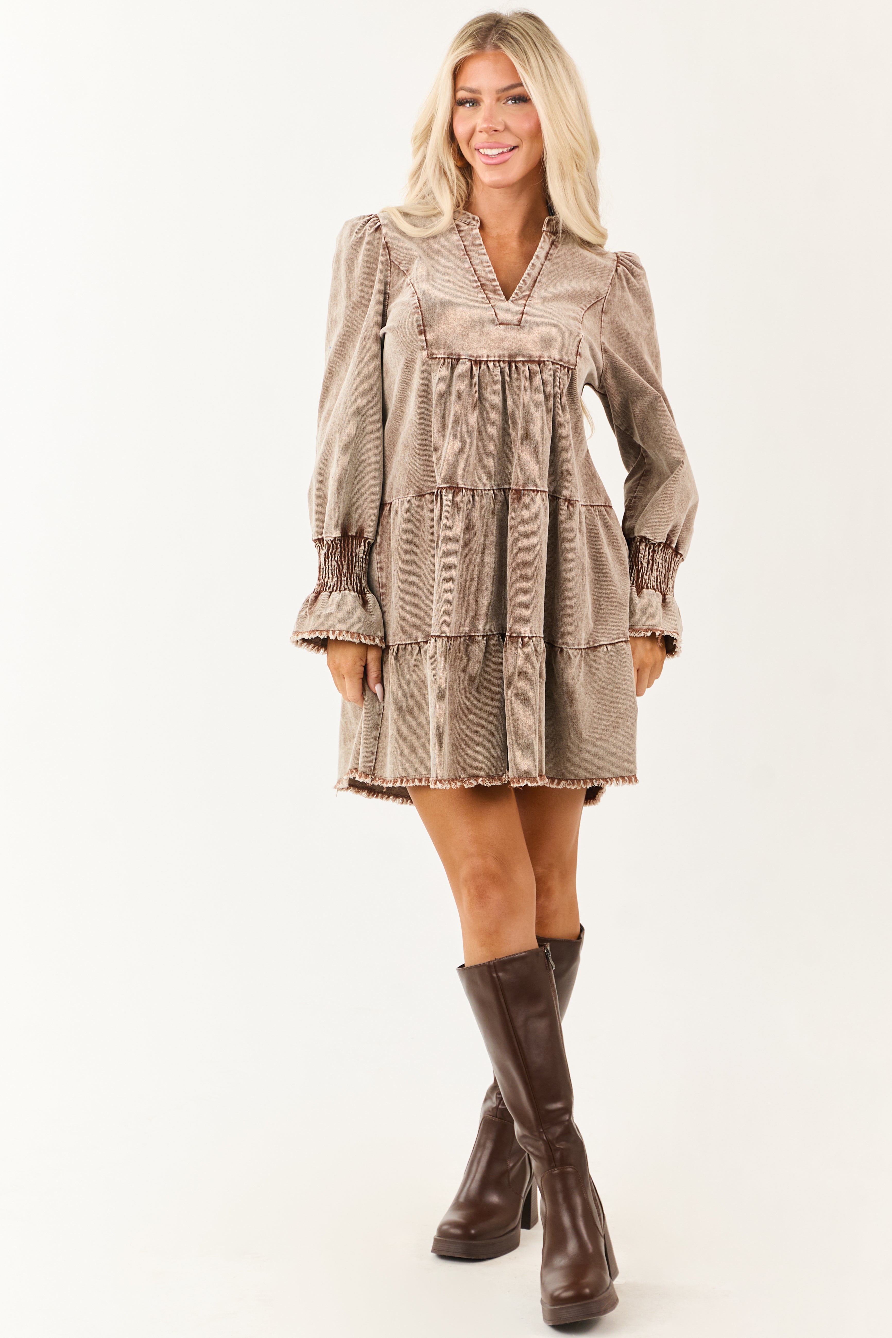 Sepia Stone Wash Corduroy Long Sleeve Mini Dress