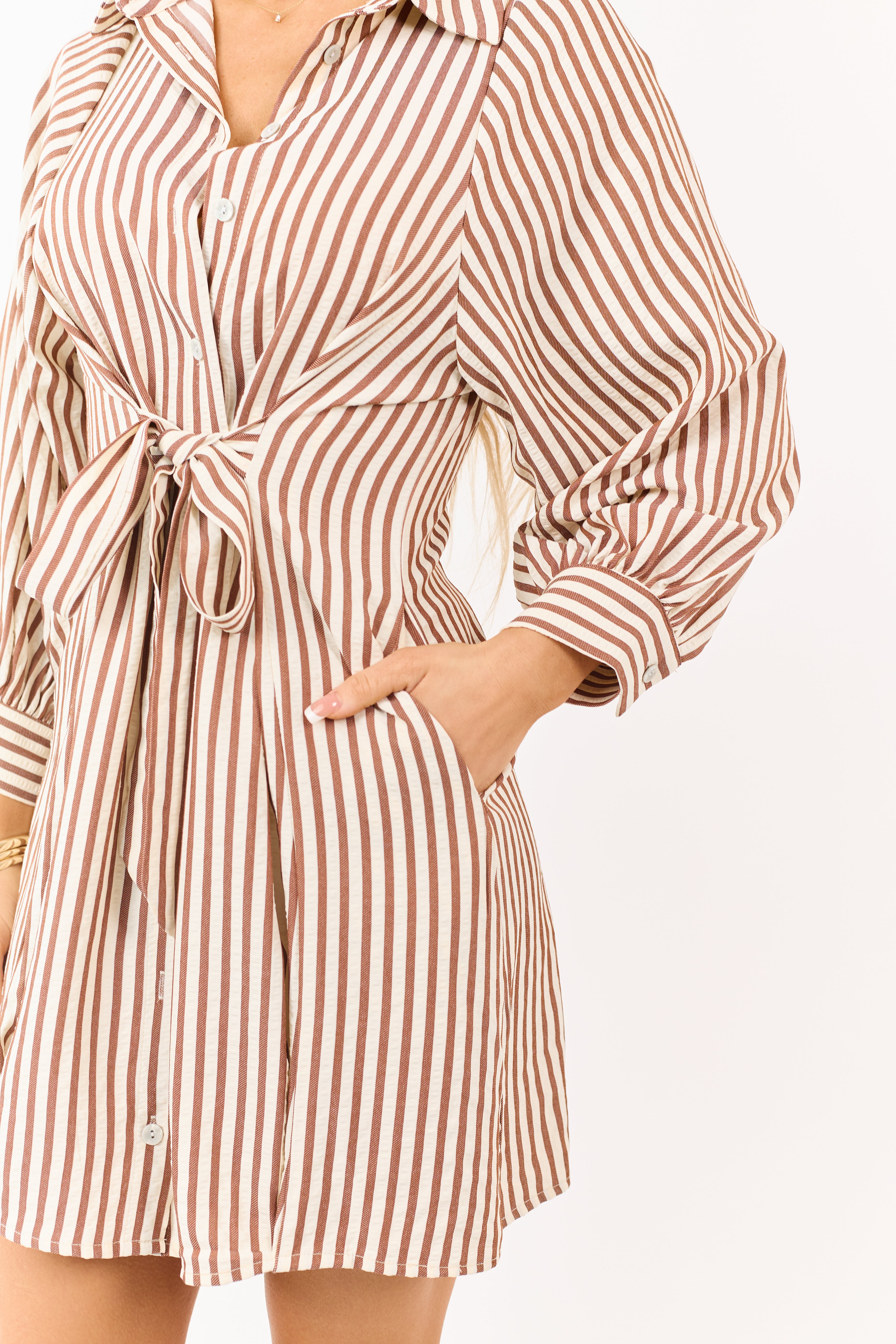 Sepia Striped Button Down Puff Sleeve Mini Dress