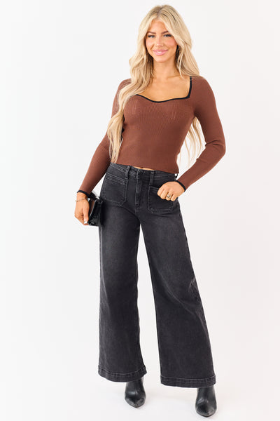 Sepia Sweetheart Neck Contrast Trim Fitted Knit Top