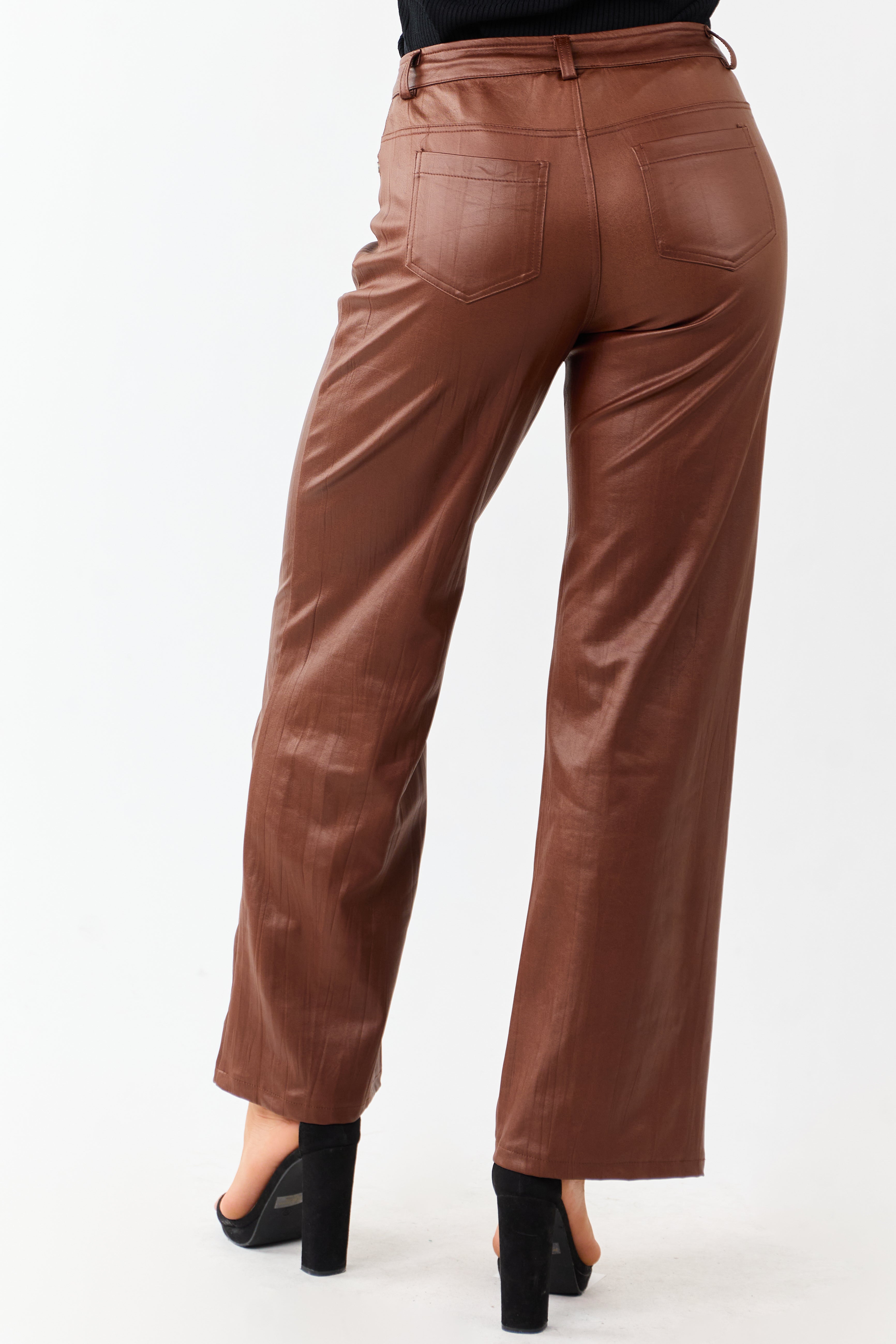 Sepia Textured Faux Leather Wide Leg Pants