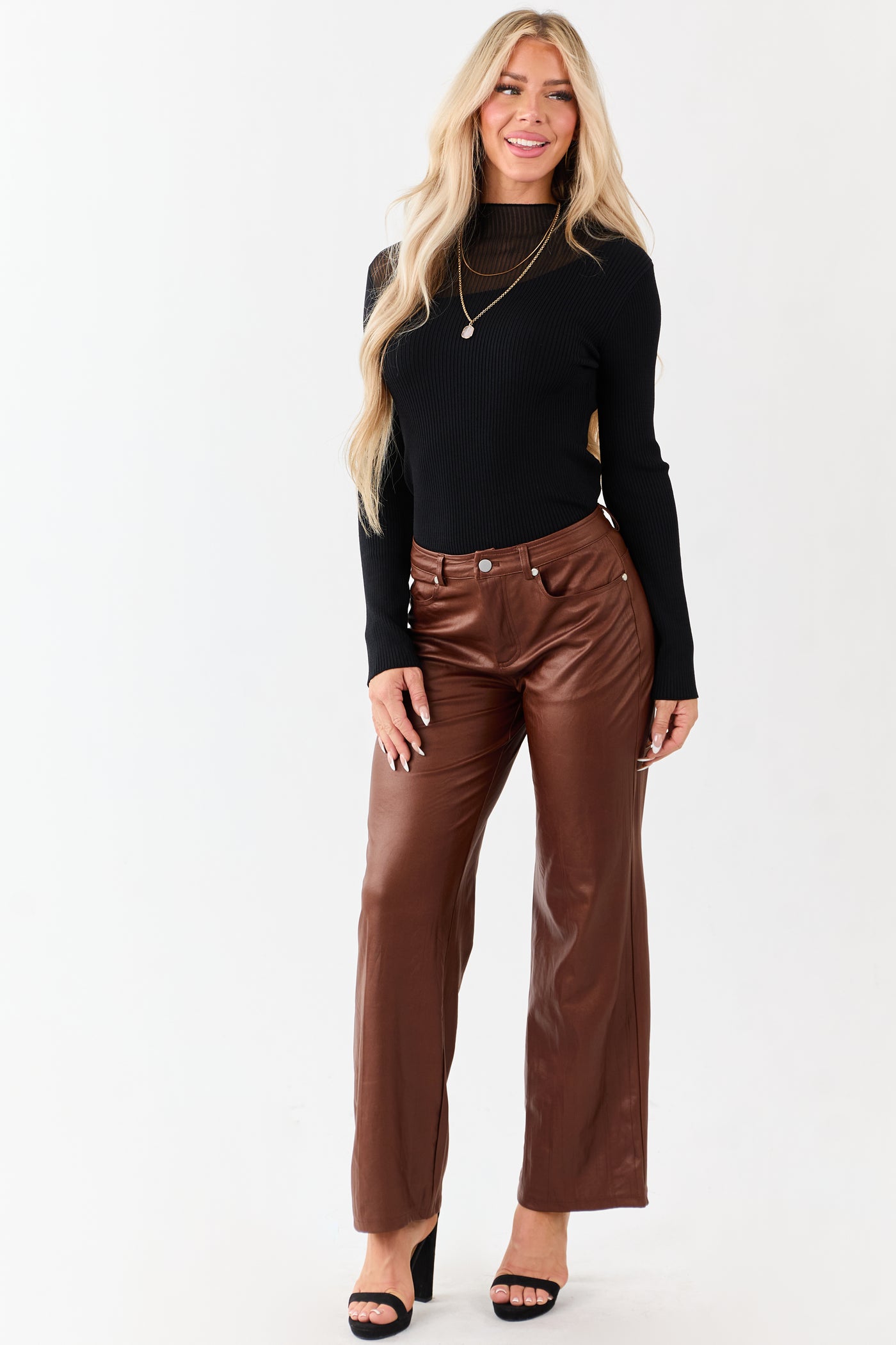 Sepia Textured Faux Leather Wide Leg Pants