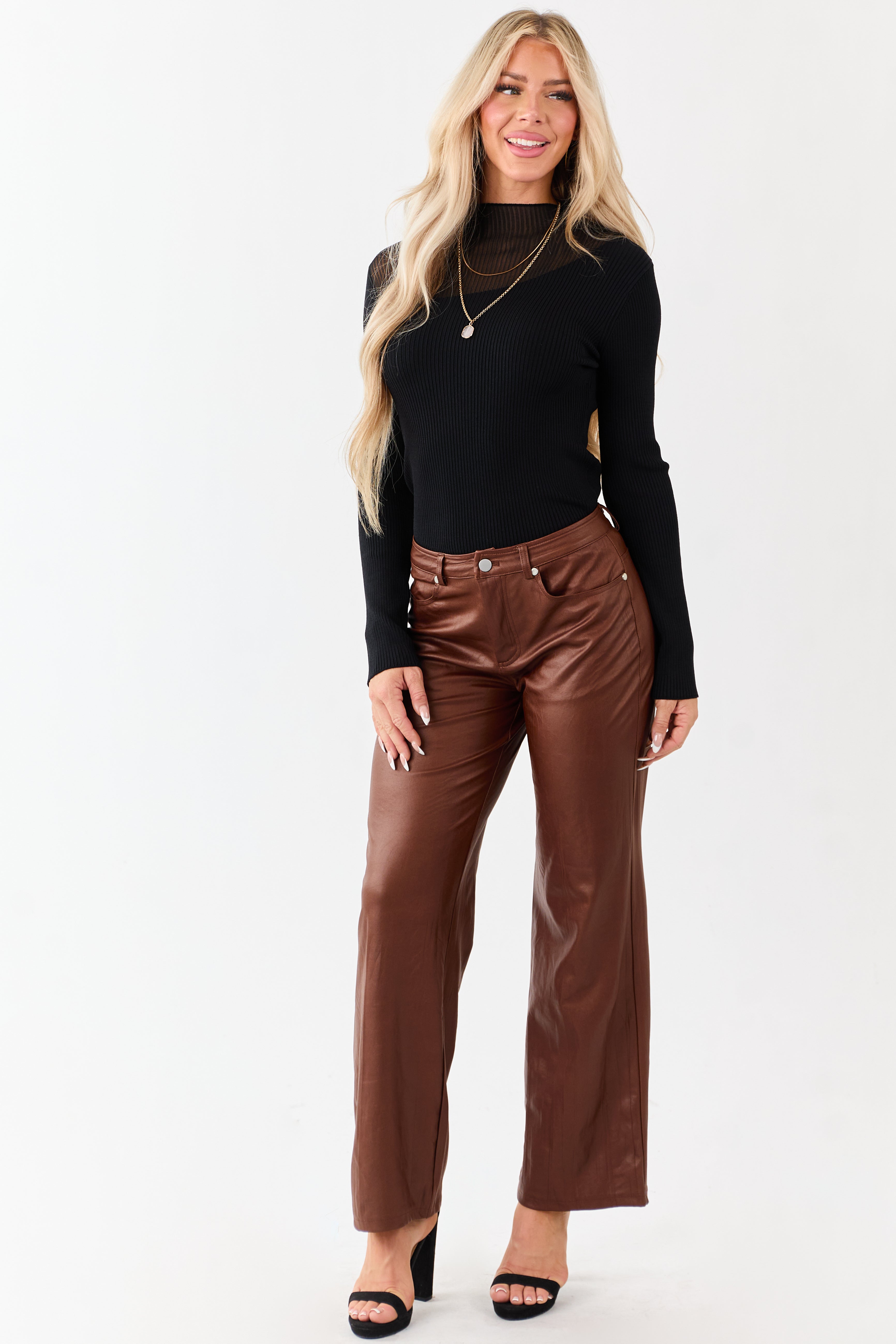 Sepia Textured Faux Leather Wide Leg Pants