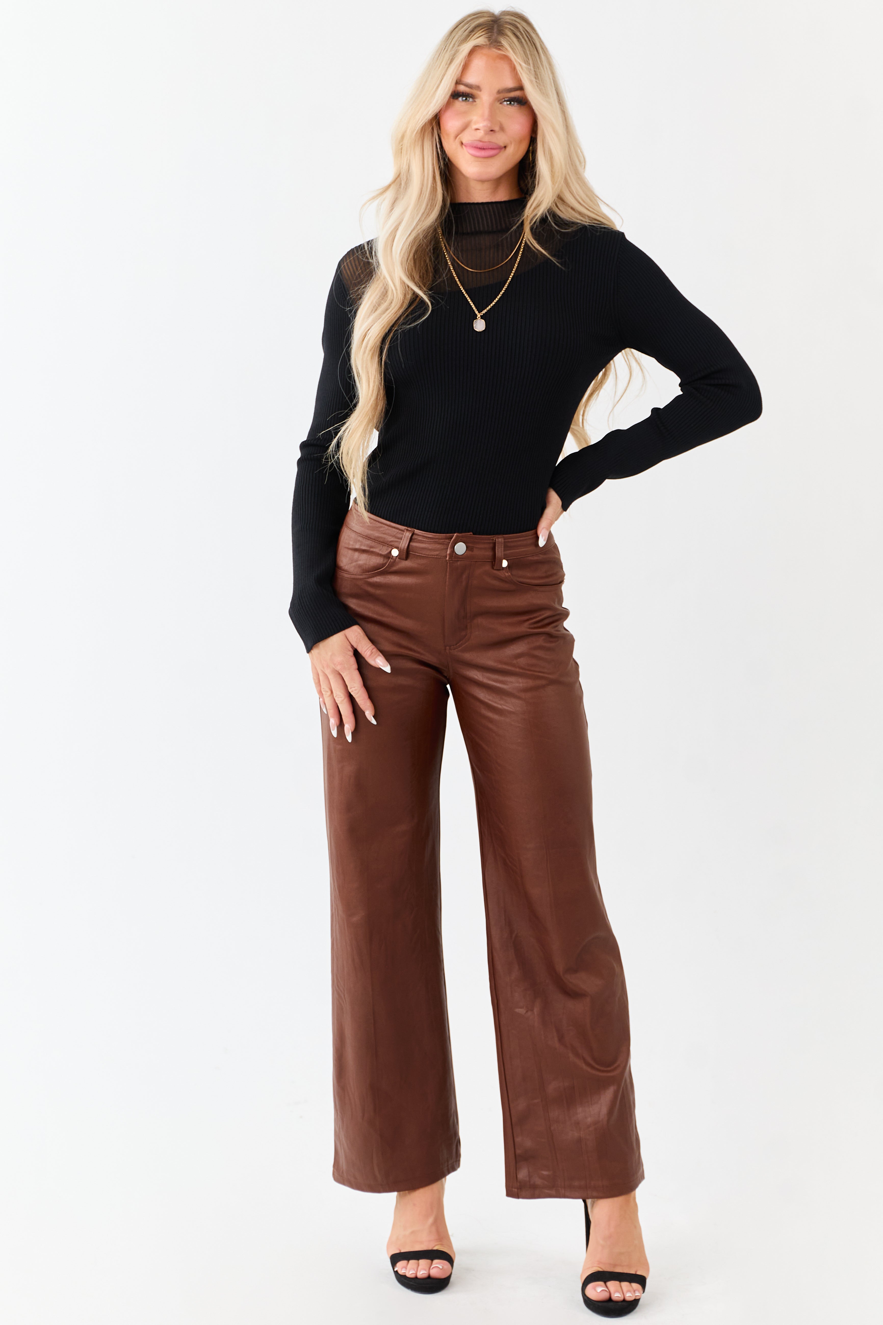 Sepia Textured Faux Leather Wide Leg Pants