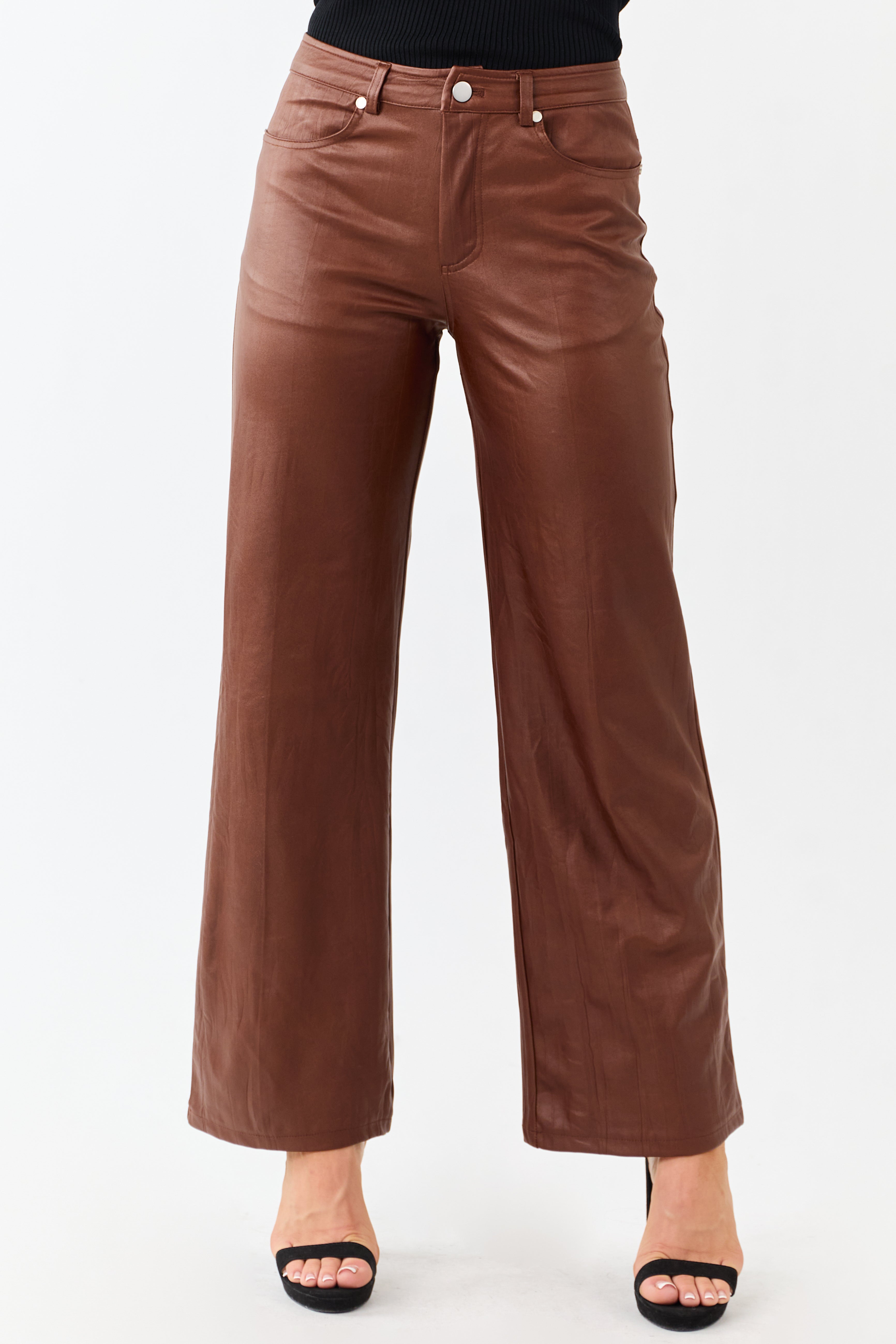 Sepia Textured Faux Leather Wide Leg Pants