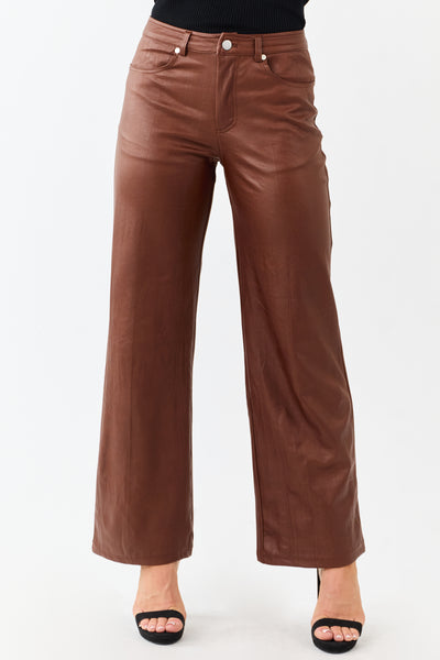 Sepia Textured Faux Leather Wide Leg Pants