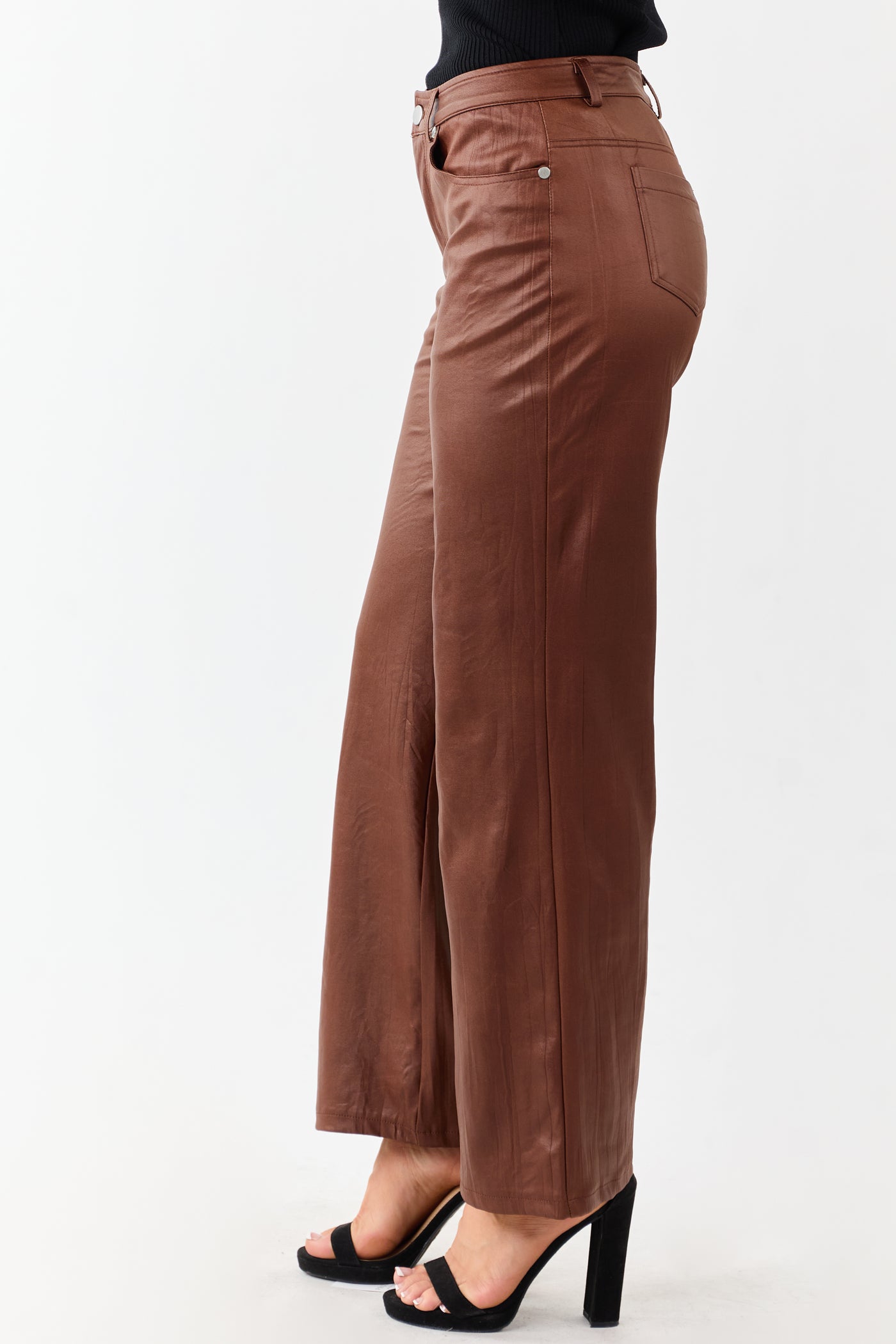 Sepia Textured Faux Leather Wide Leg Pants