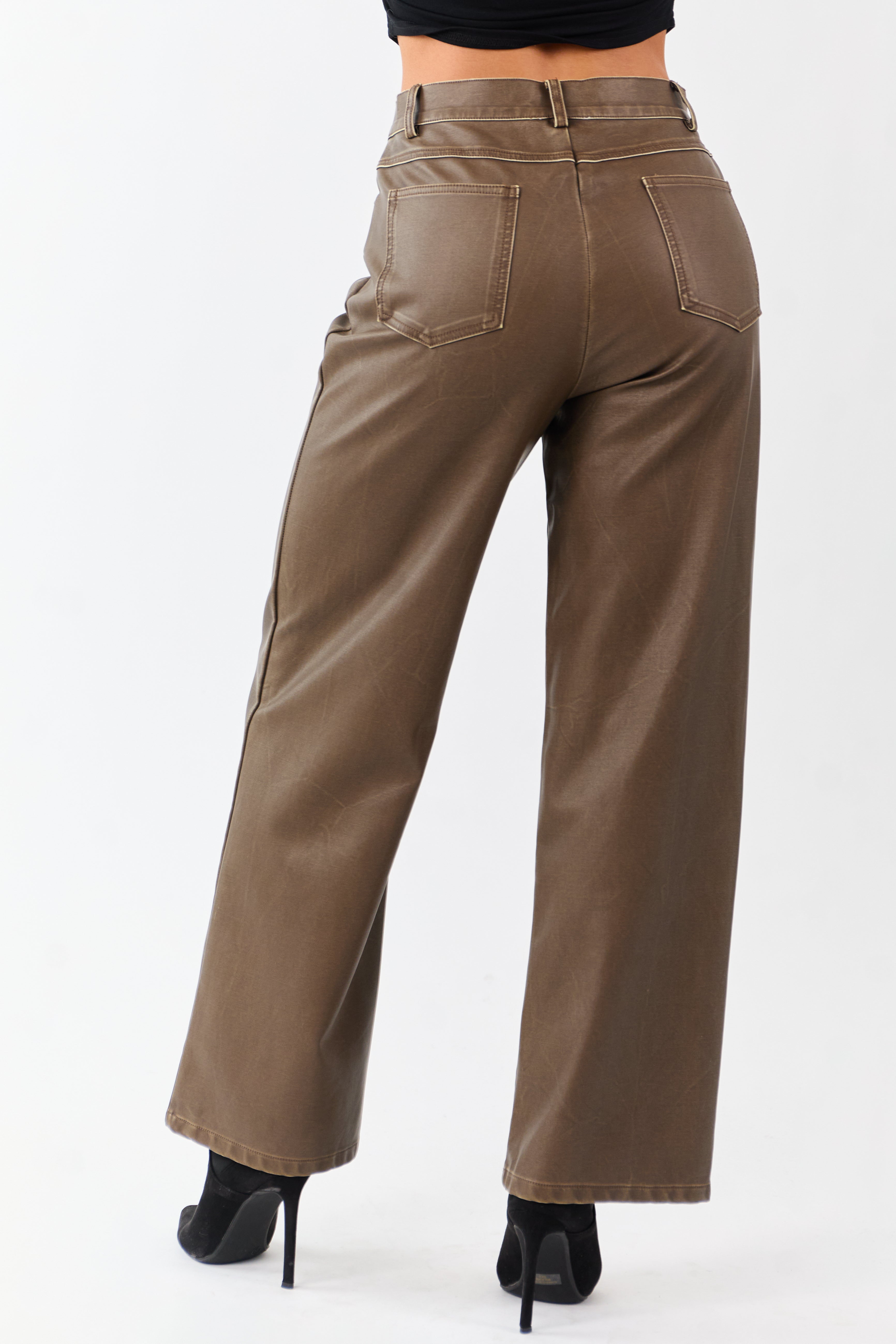 Sepia Vintage Washed Faux Leather Wide Leg Pants