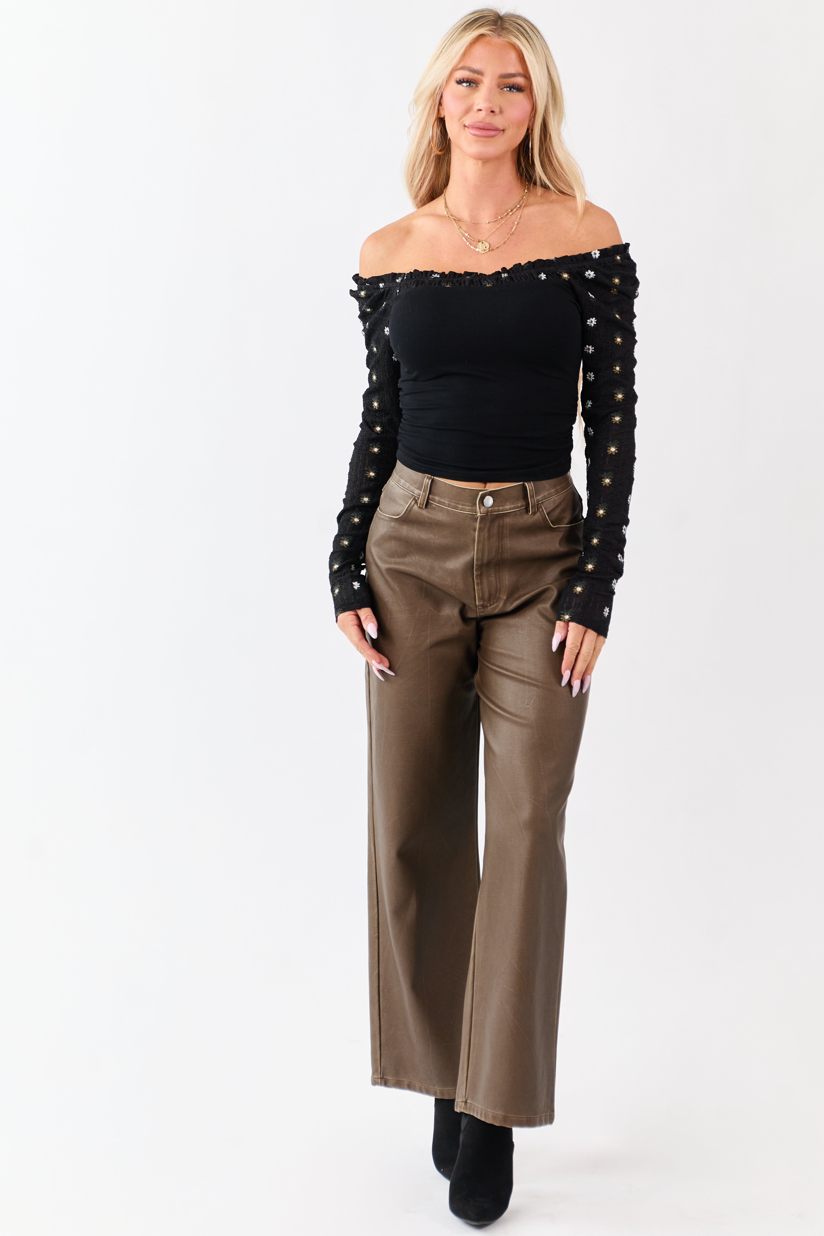 Sepia Vintage Washed Faux Leather Wide Leg Pants