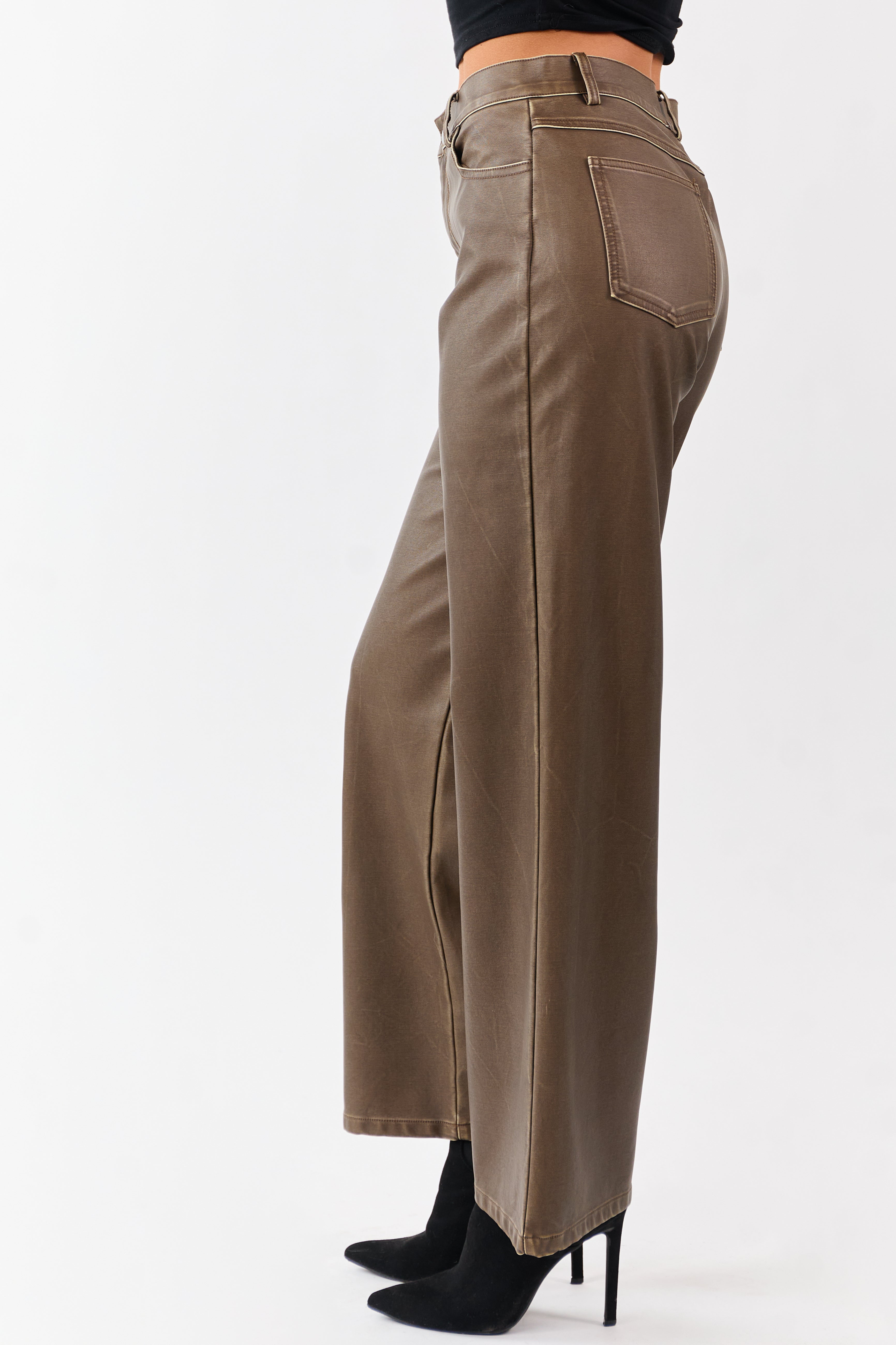 Sepia Vintage Washed Faux Leather Wide Leg Pants