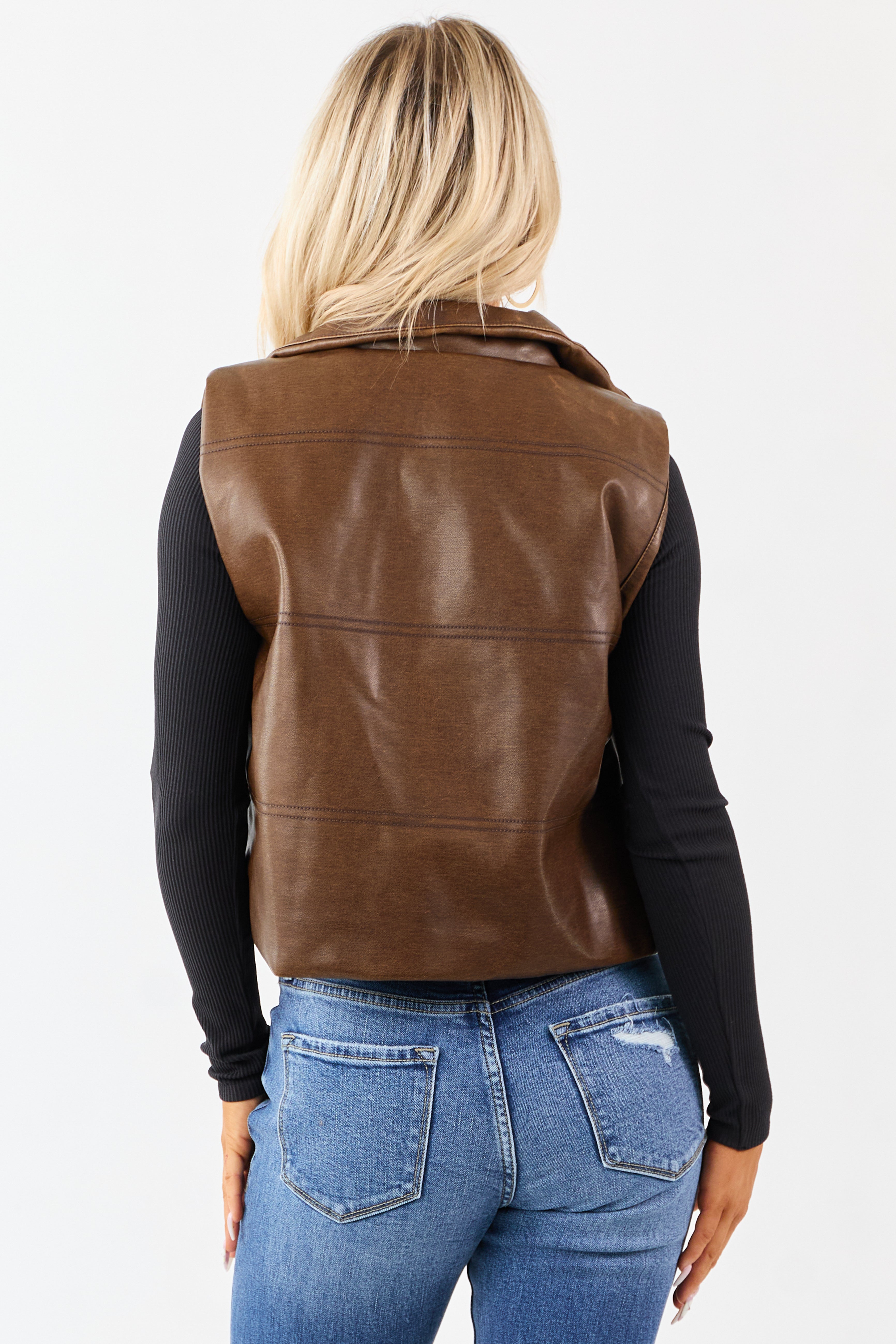 Sepia Washed Faux Leather Mock Neck Puff Vest