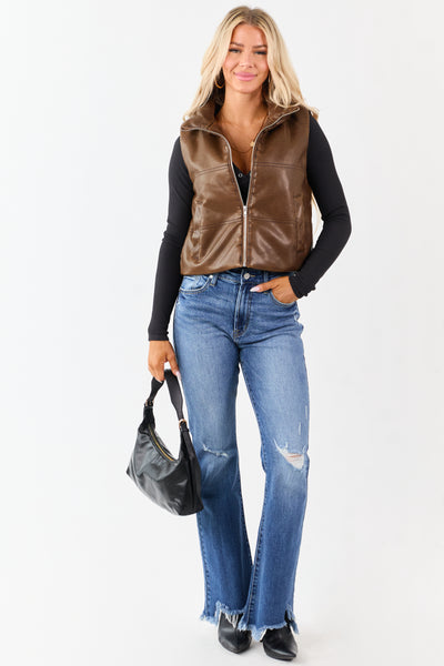 Sepia Washed Faux Leather Mock Neck Puff Vest