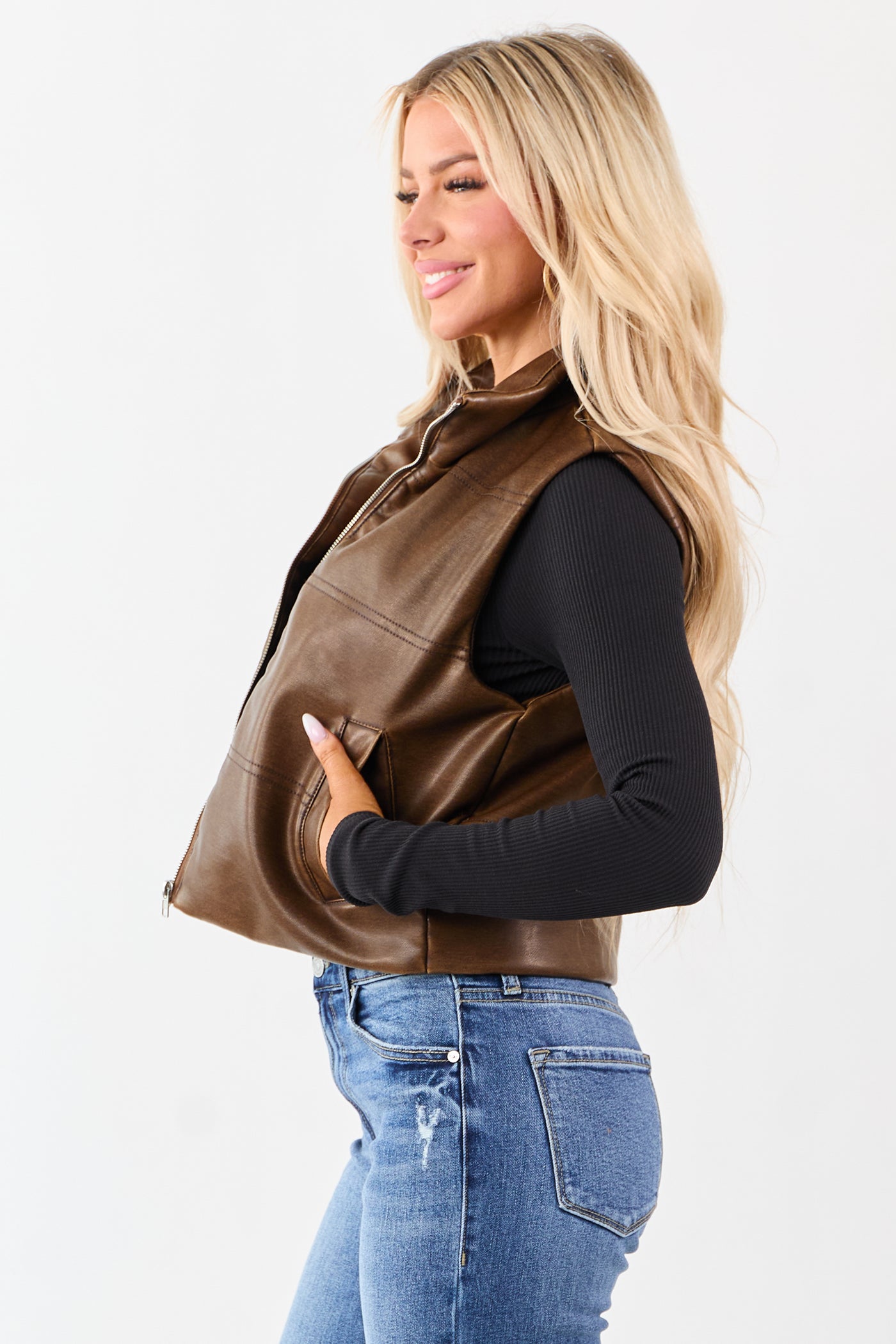 Sepia Washed Faux Leather Mock Neck Puff Vest