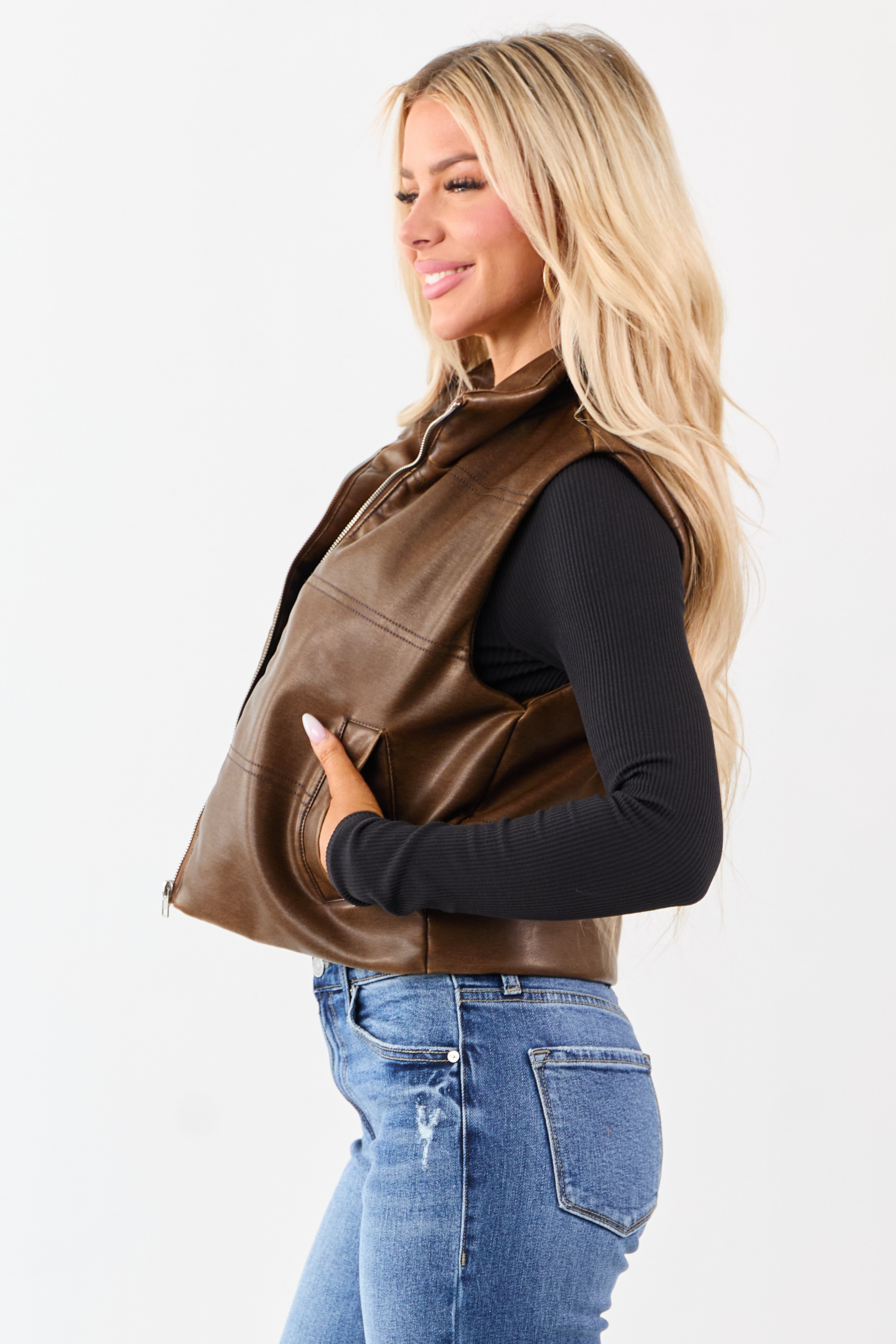 Sepia Washed Faux Leather Mock Neck Puff Vest