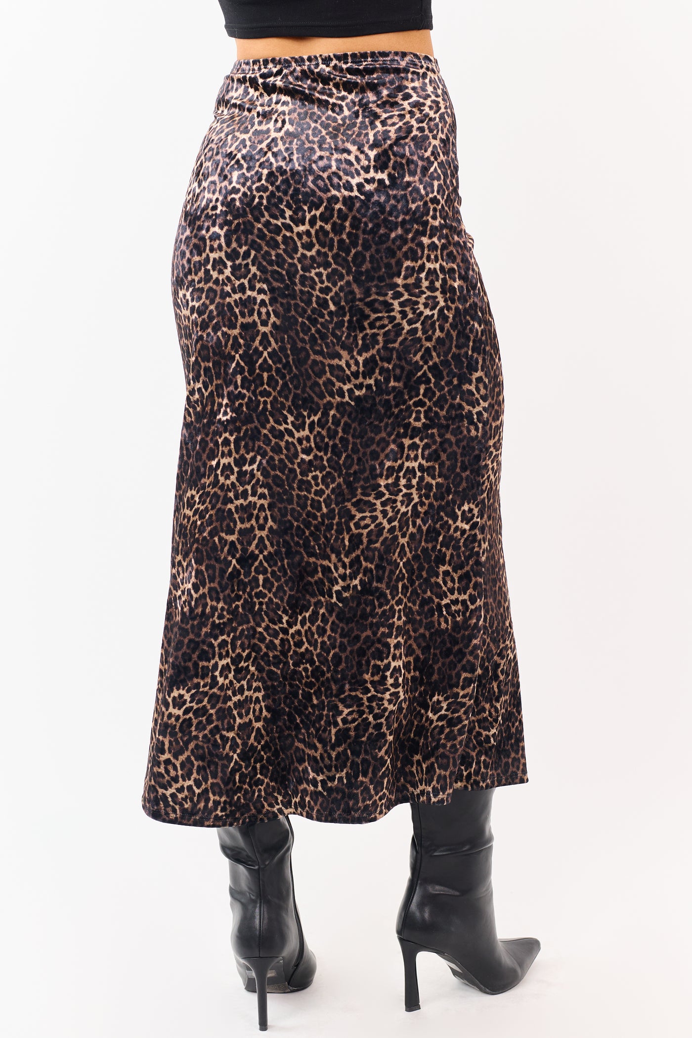 Sepia and Camel Leopard Print Velvet Midi Skirt