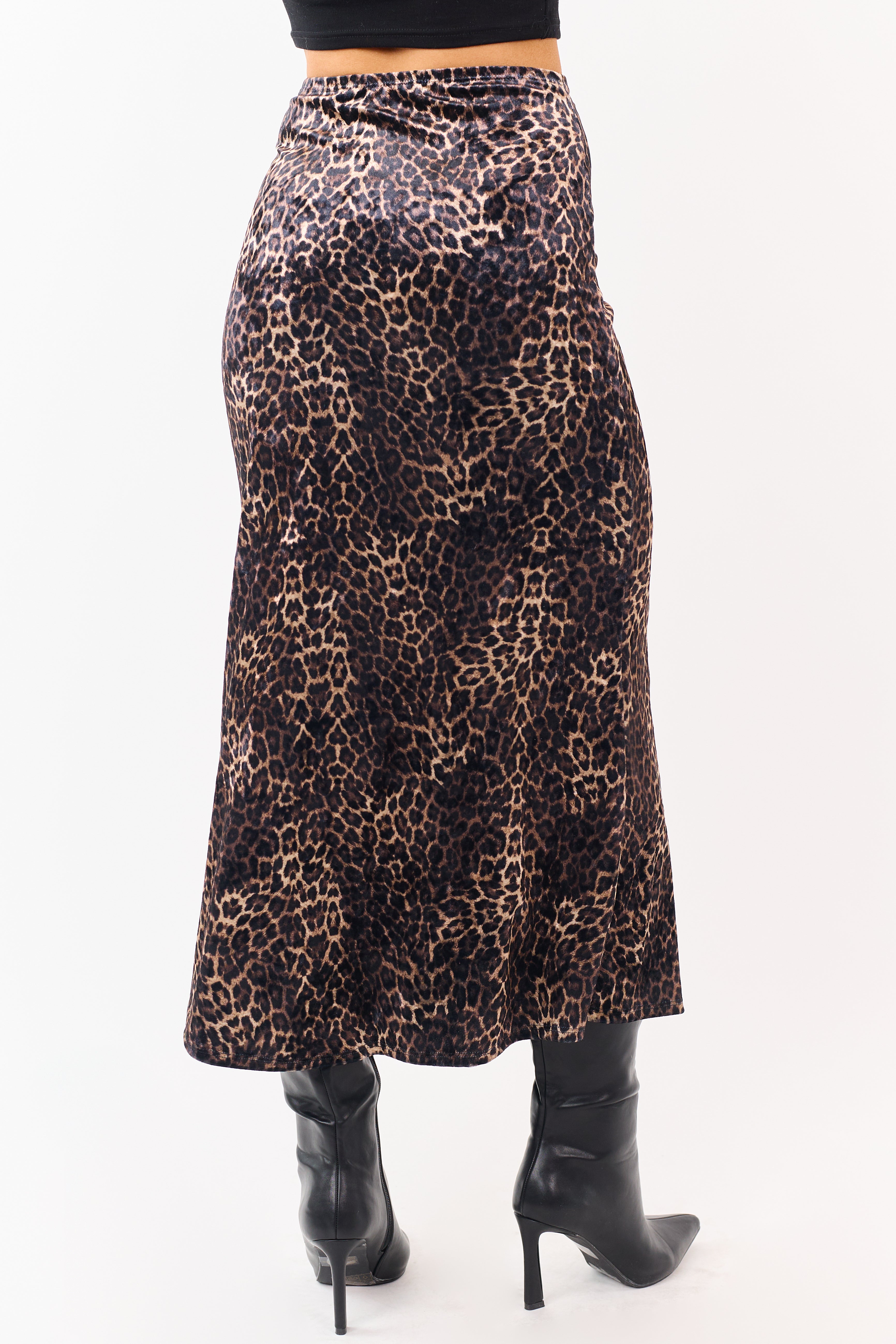 Sepia and Camel Leopard Print Velvet Midi Skirt