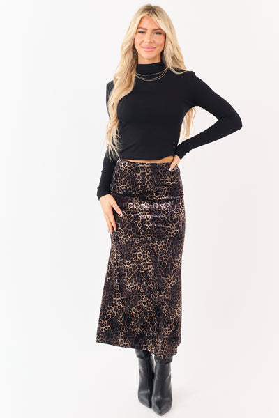 Sepia and Camel Leopard Print Velvet Midi Skirt