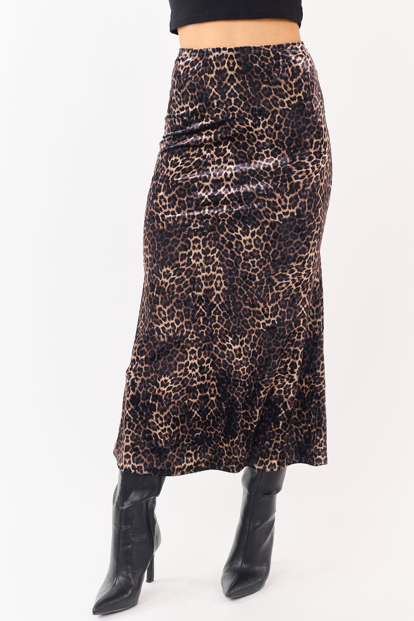 Sepia and Camel Leopard Print Velvet Midi Skirt
