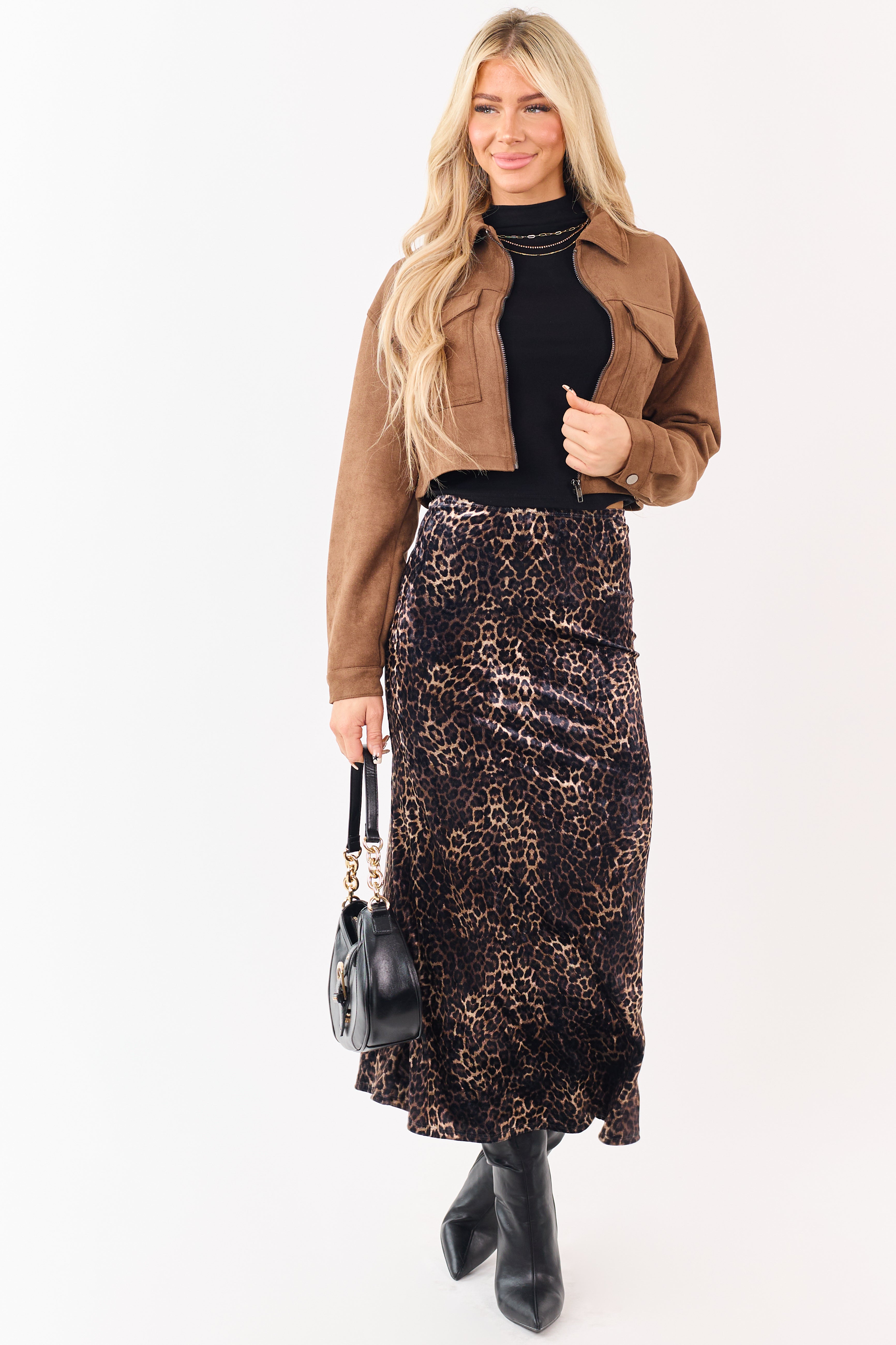 Sepia and Camel Leopard Print Velvet Midi Skirt