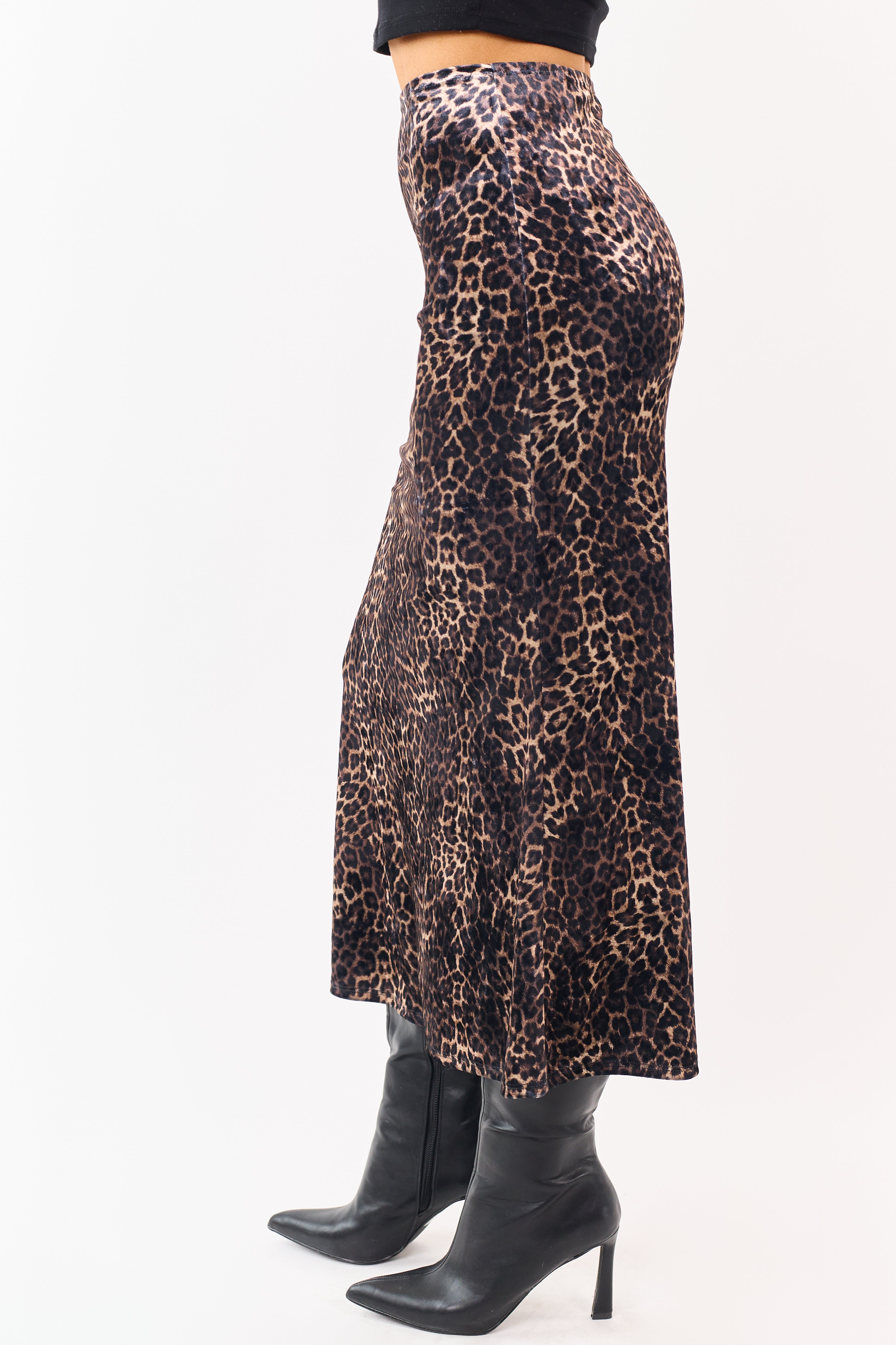 Sepia and Camel Leopard Print Velvet Midi Skirt