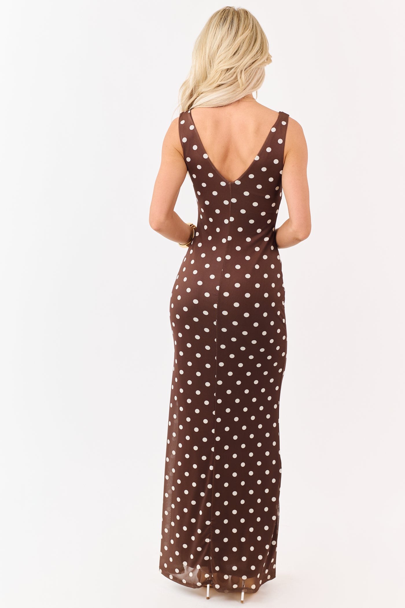 Sepia and Cream Polka Dot Mesh Maxi Dress