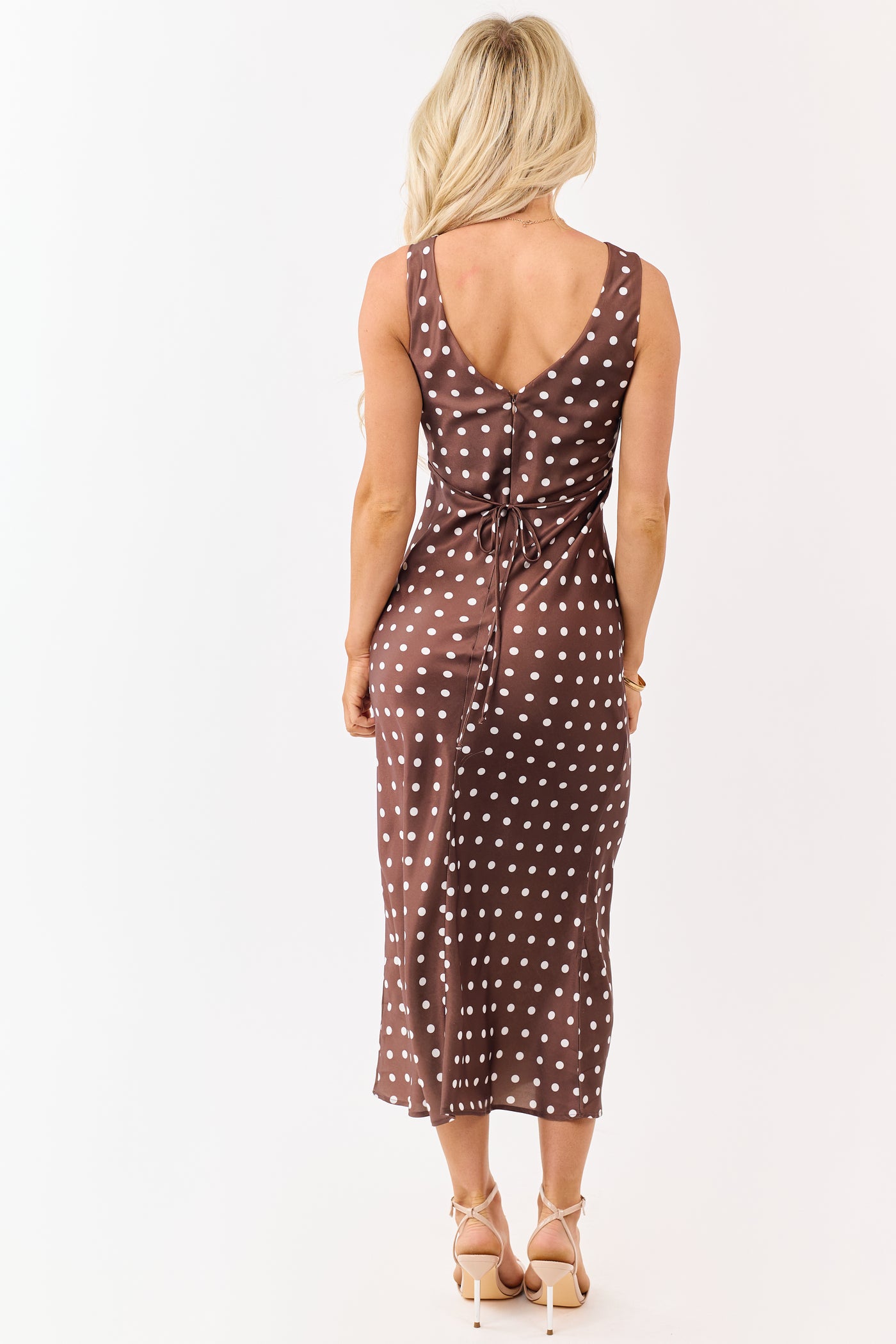 Sepia and Ivory Polka Dot Satin Midi Dress