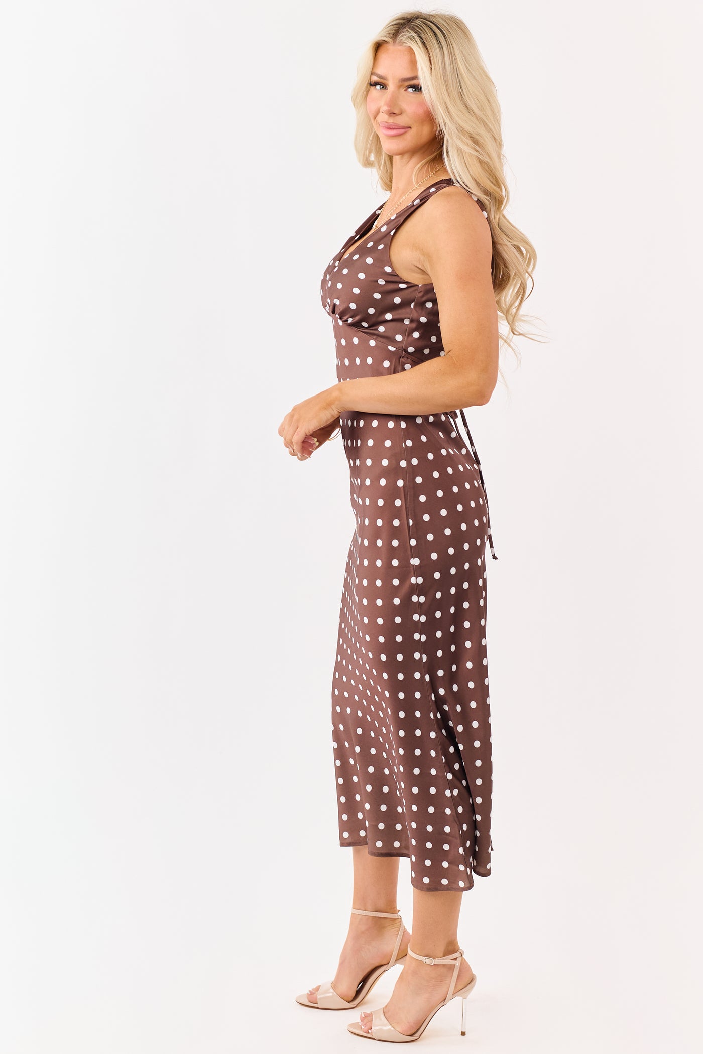 Sepia and Ivory Polka Dot Satin Midi Dress