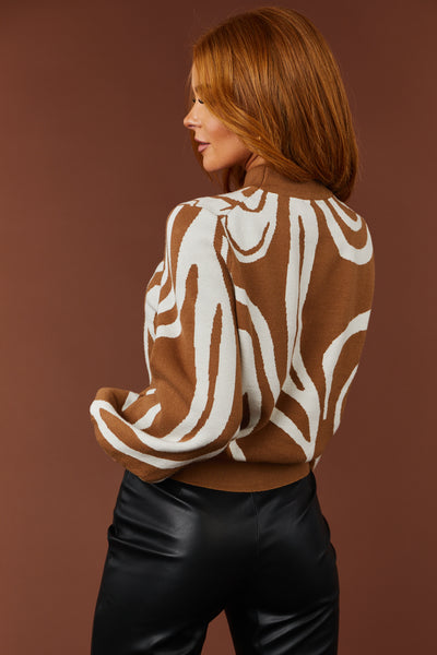 Sepia and Off White Abstract Print Sweater