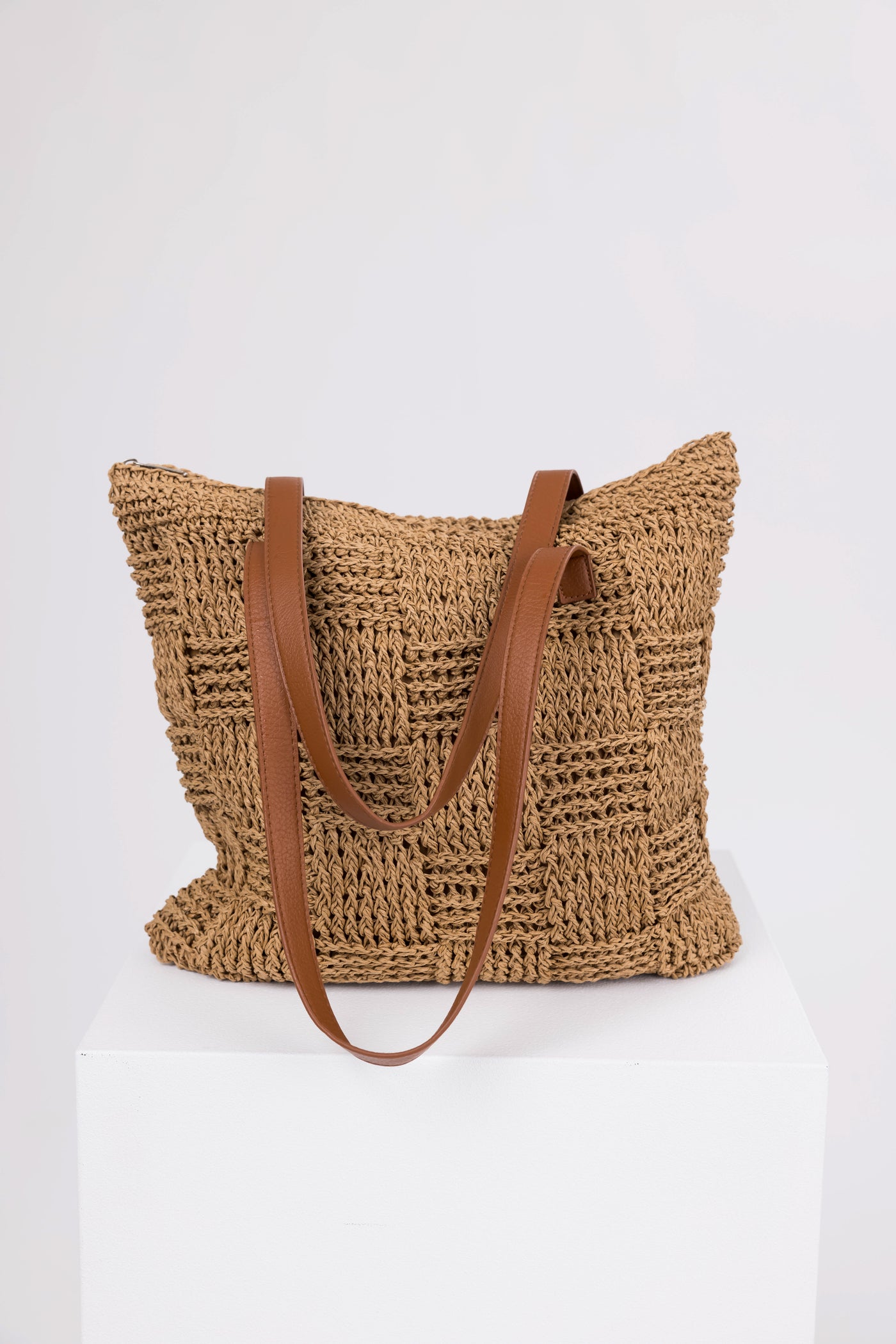 Sepia Basket Weave Straw Tote Bag