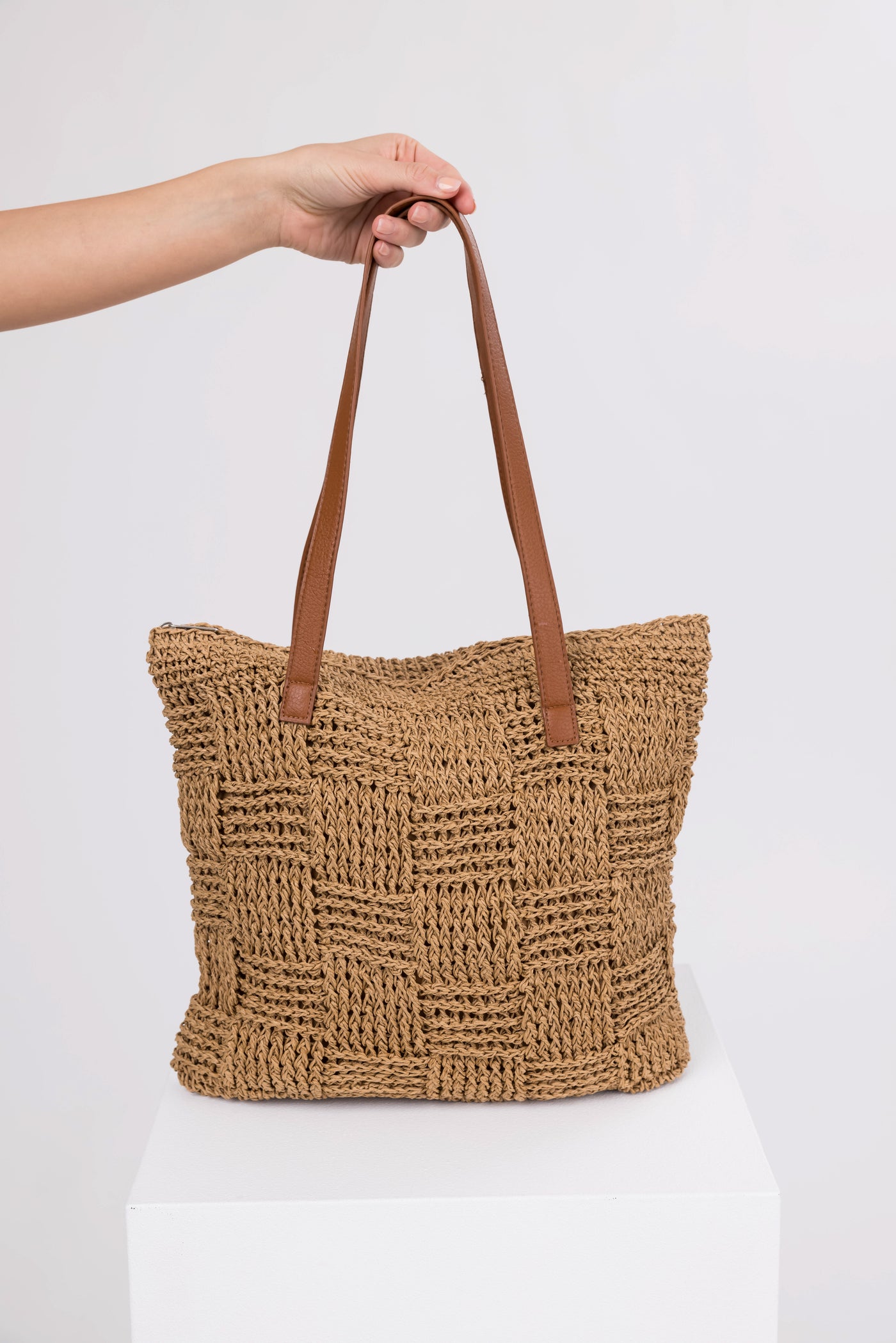 Sepia Basket Weave Straw Tote Bag