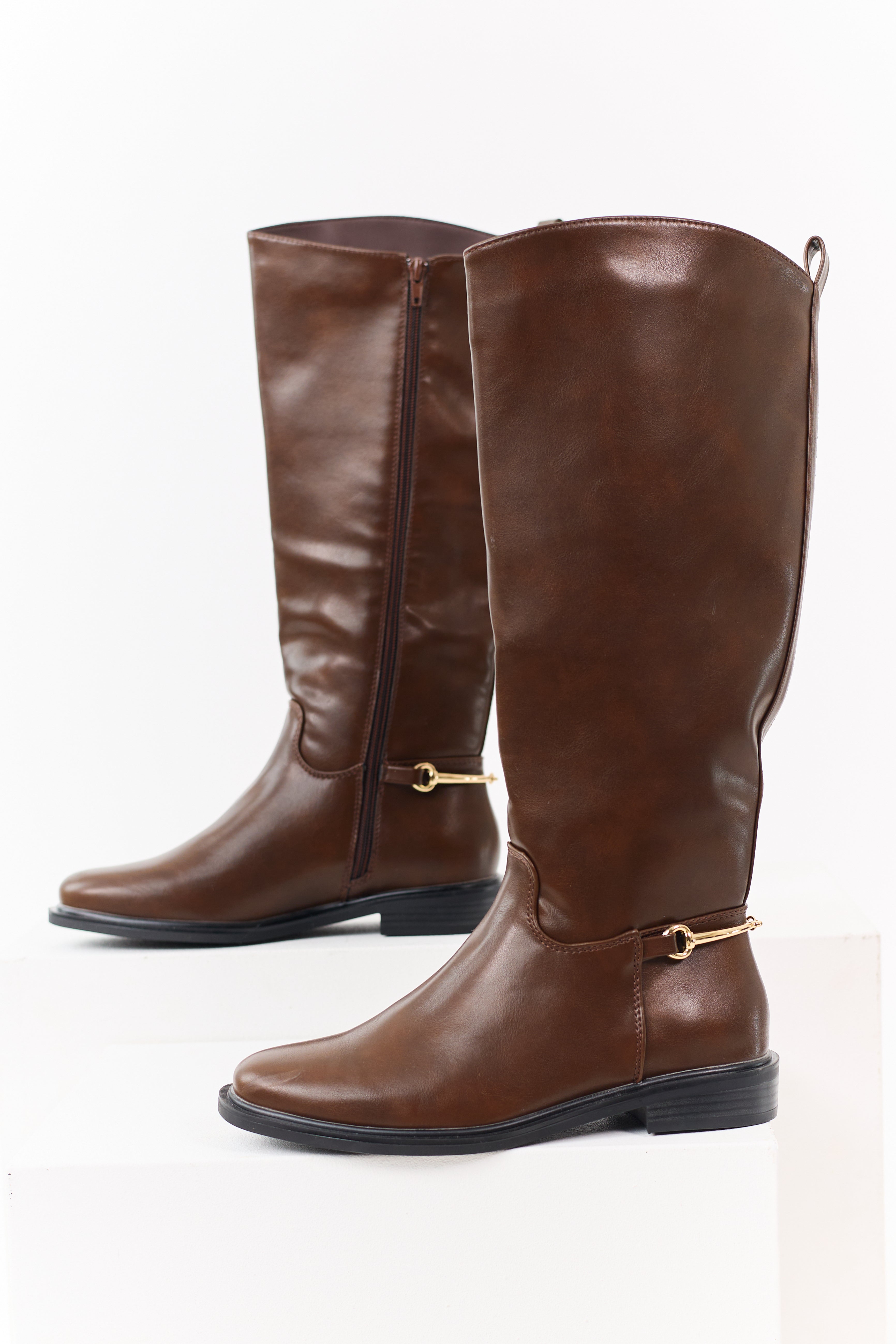 Sepia Faux Leather Horsebit Detail Tall Riding Boots | Lime Lush