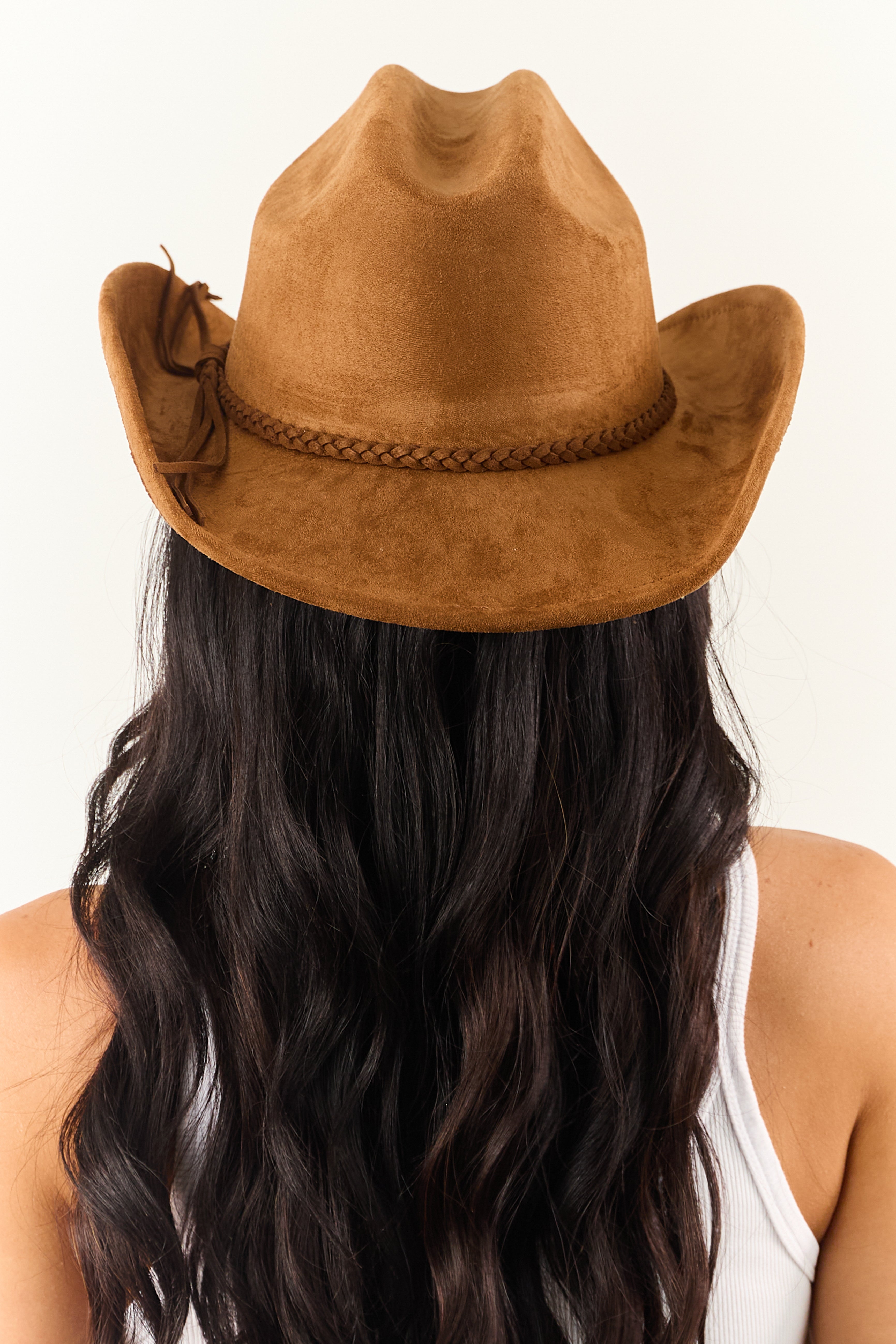 Sepia Faux Suede Braided Strap Cowboy Hat