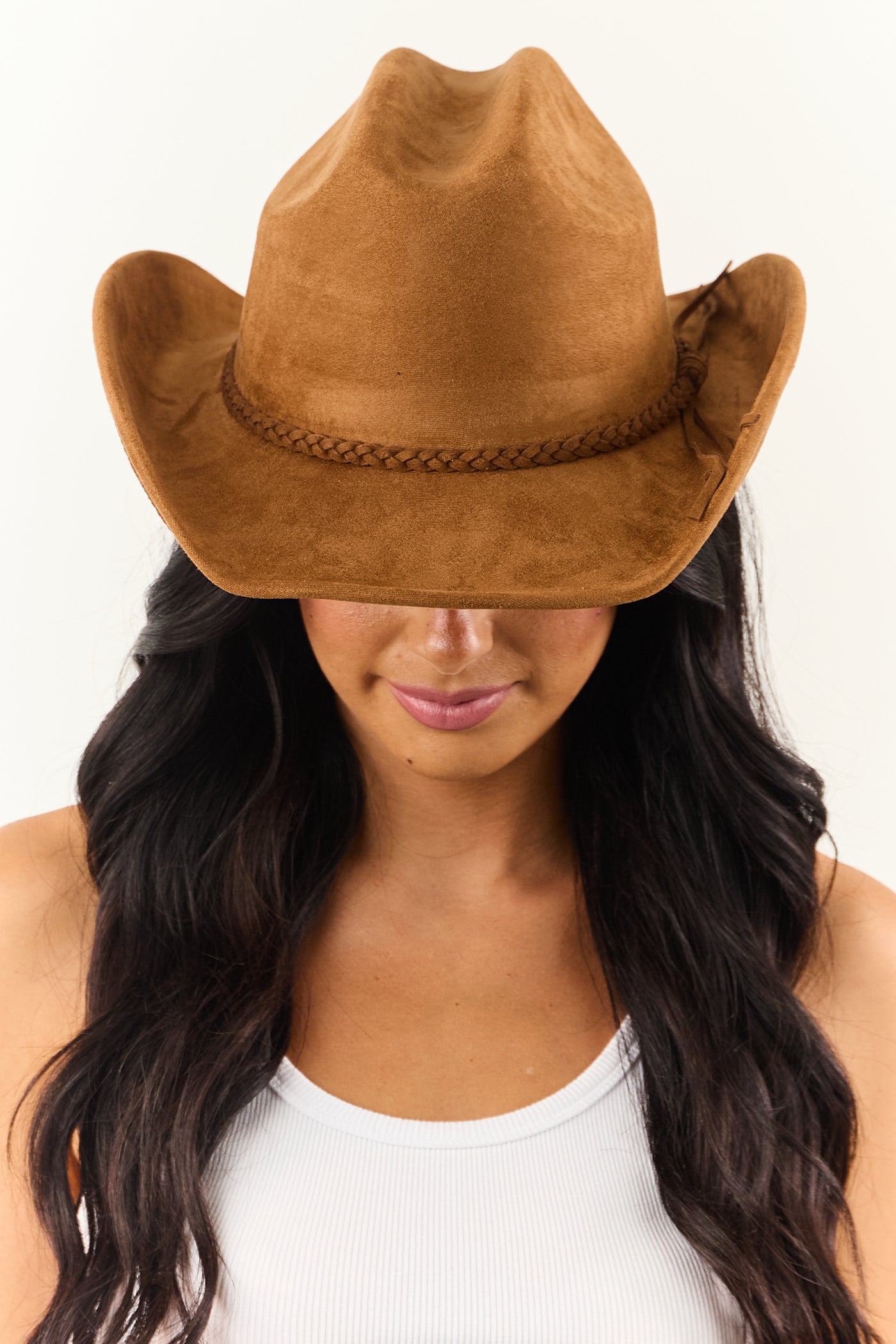 Sepia Faux Suede Braided Strap Cowboy Hat