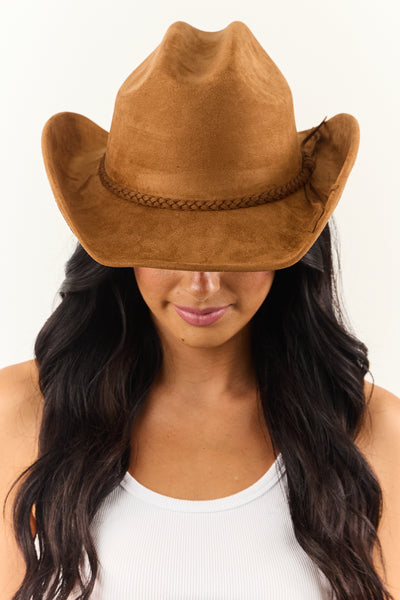 Sepia Faux Suede Braided Strap Cowboy Hat
