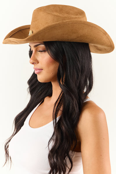 Sepia Faux Suede Gold Disc Cowboy Hat